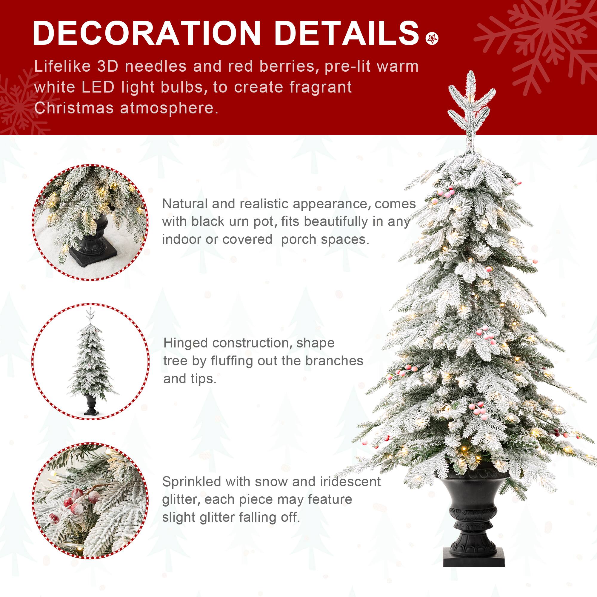 2 Pack 5ft. Pre-Lit Flocked Fir Artificial Christmas Porch Tree in Planter, Warm White Lights