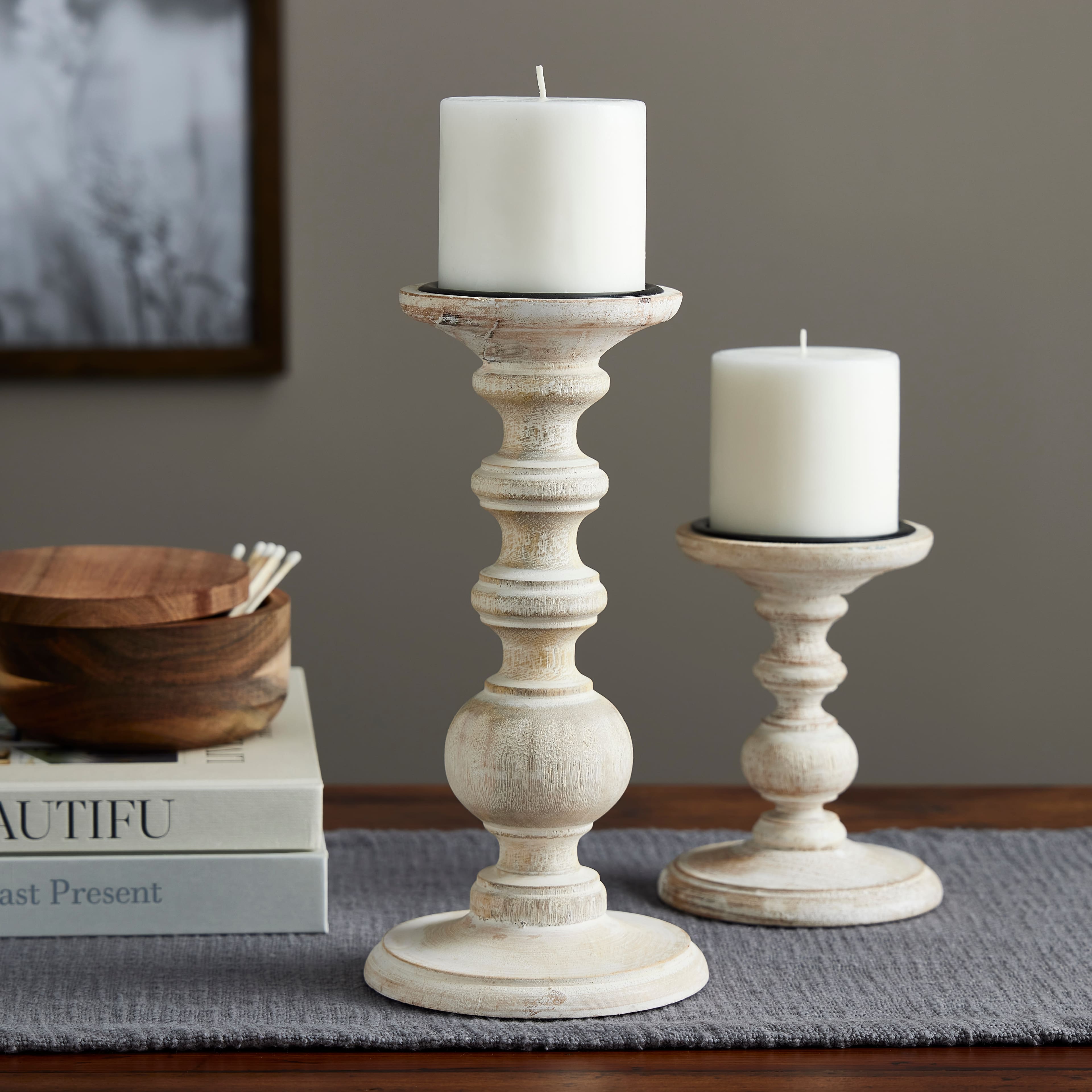 Whitewashed Wood Carved Pillar Candle Holder by Ashland®