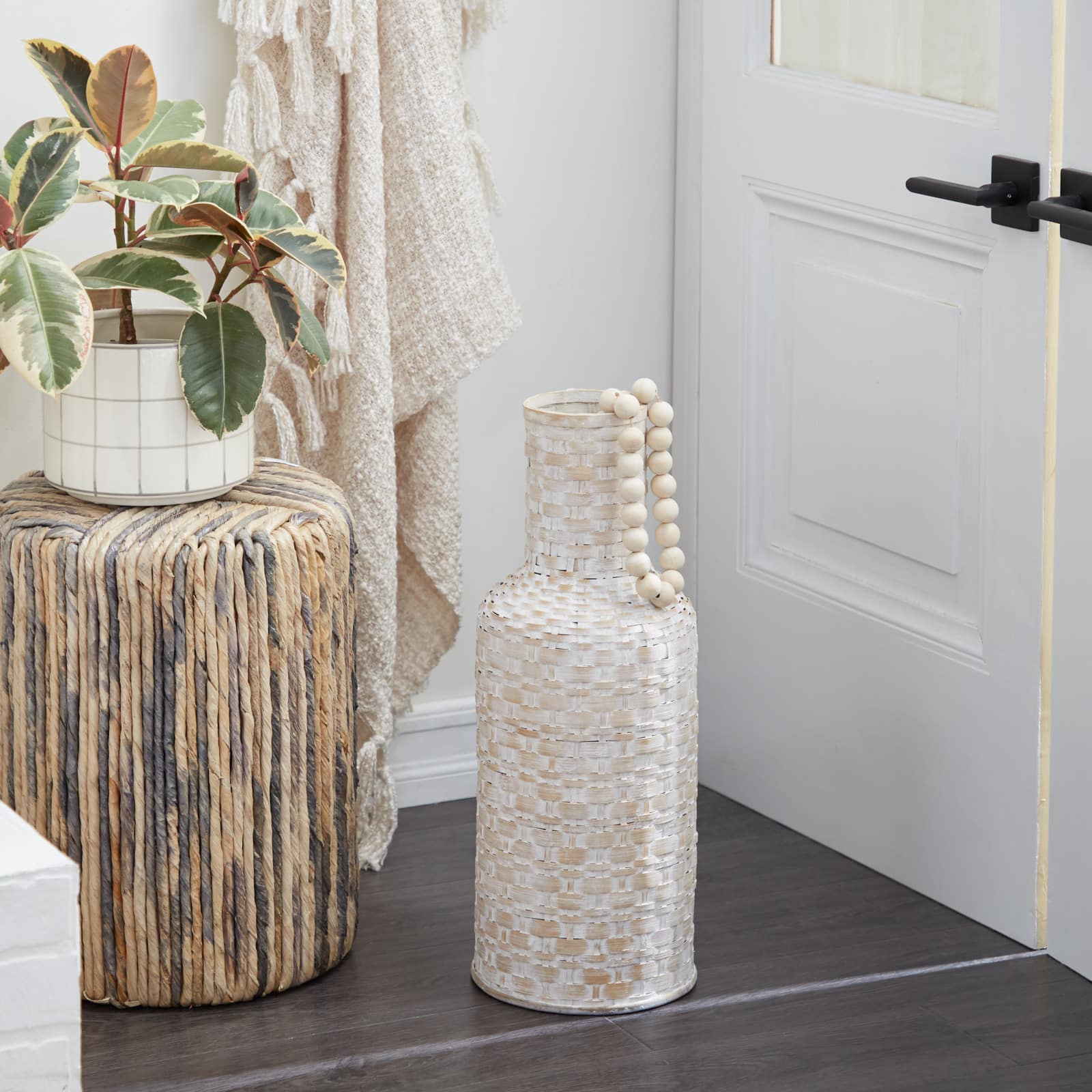 White Bamboo Tall Woven Floor Vase 8" x 8" x 22"