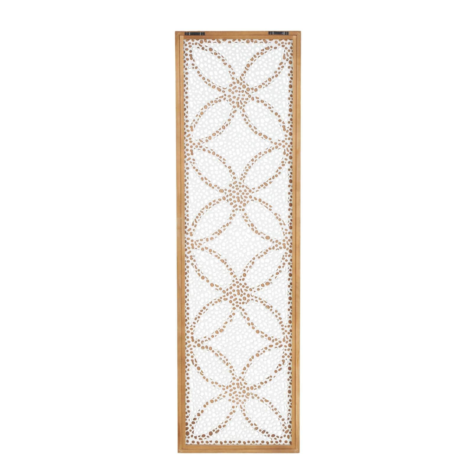 White wooden floral panel wall decor with cutout metal backing and beaded frame.