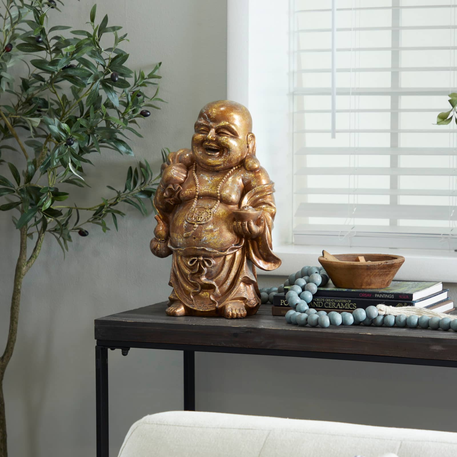 Bronze Polystone Bohemian Buddha Sculpture, 11" x 9" x 17"