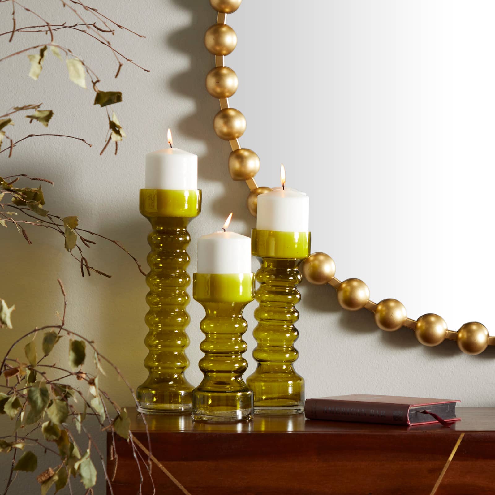 Green Glass Bubble Pillar Candle Holder Set