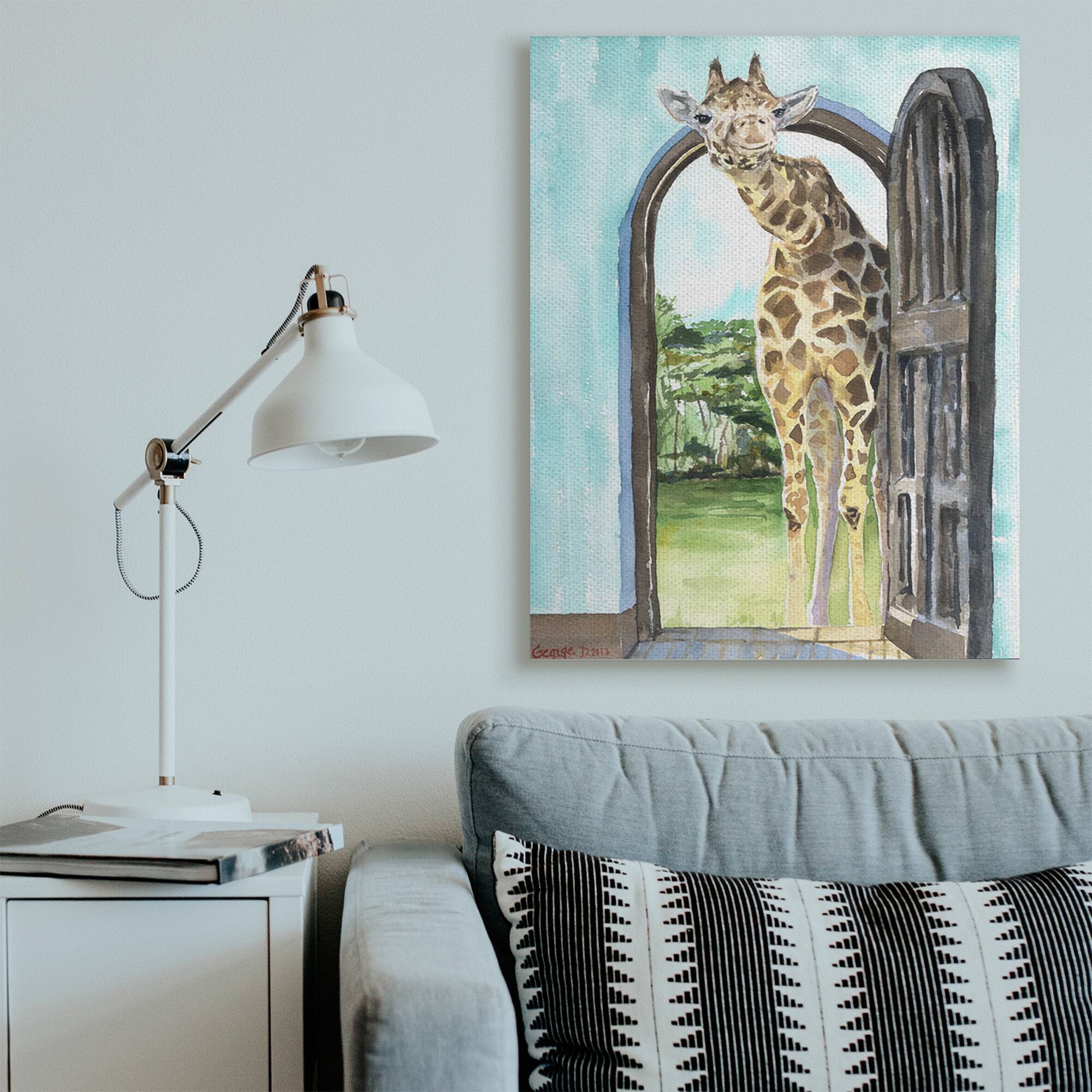Stupell Industries Giraffe Through Doorway Safari Animal Portrait Canvas Wall Art