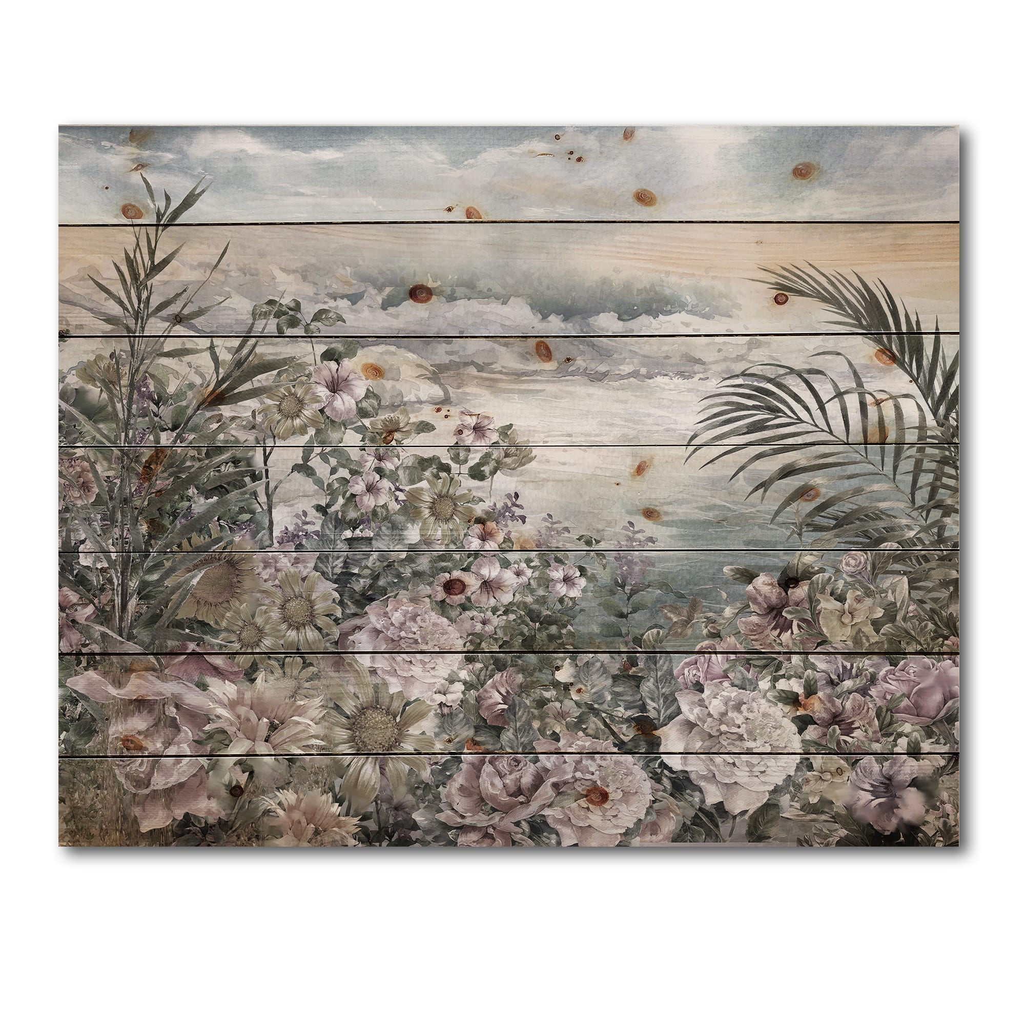 Designart - Retro Flowers By The Sea Side - Vintage Print on Natural Pine Wood