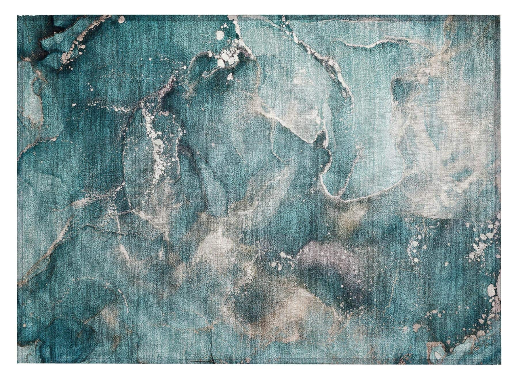 HomeRoots 30" x 20" Teal & White Abstract Washable Indoor/Outdoor Area Rug