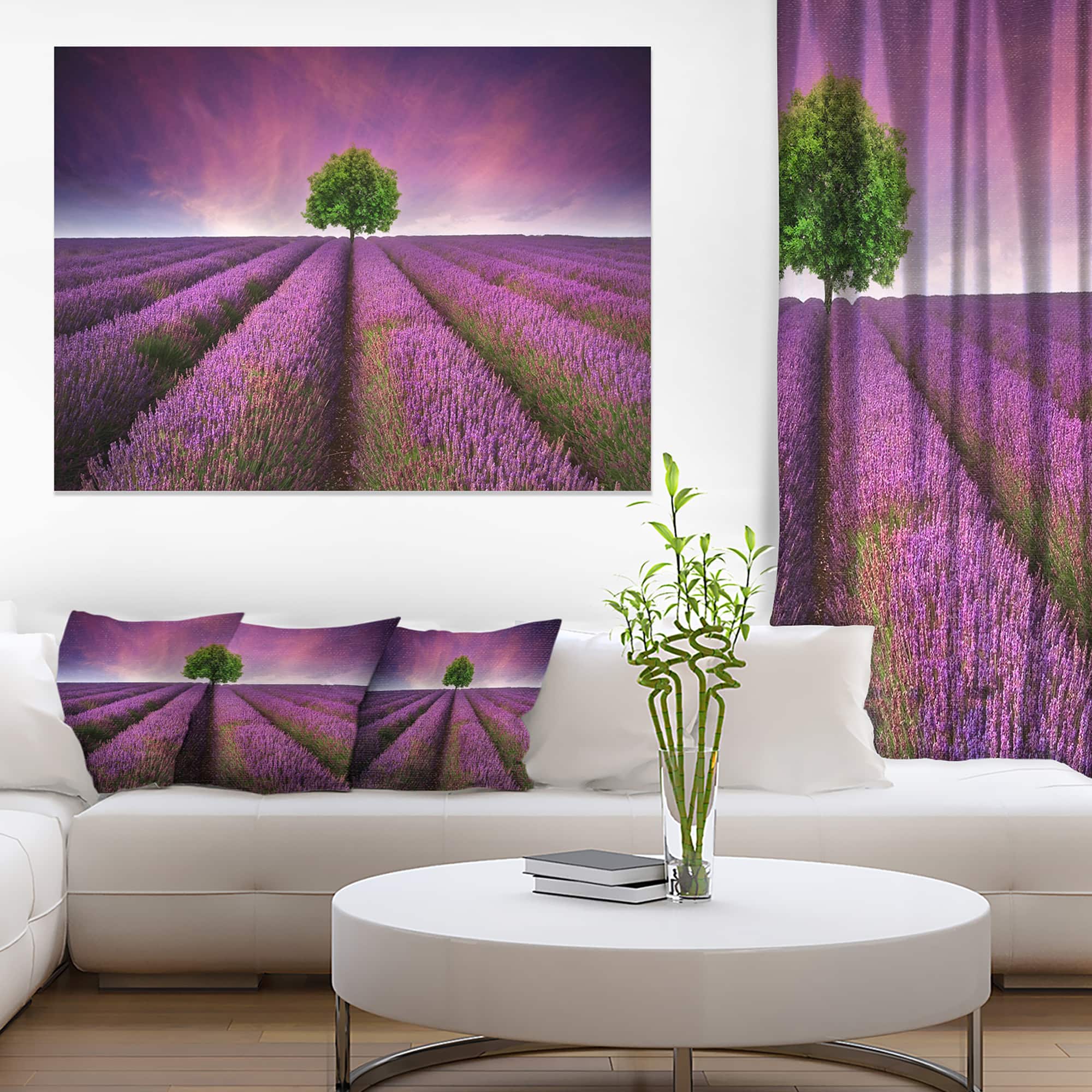 Designart - Lavender Field Sunset with Single Tree - Floral Canvas Art Print