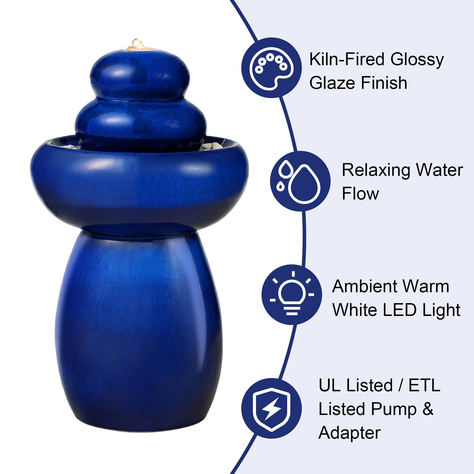 Glitzhome® 22" Zen-Style LED Cobalt Blue Pebble Outdoor Fountain