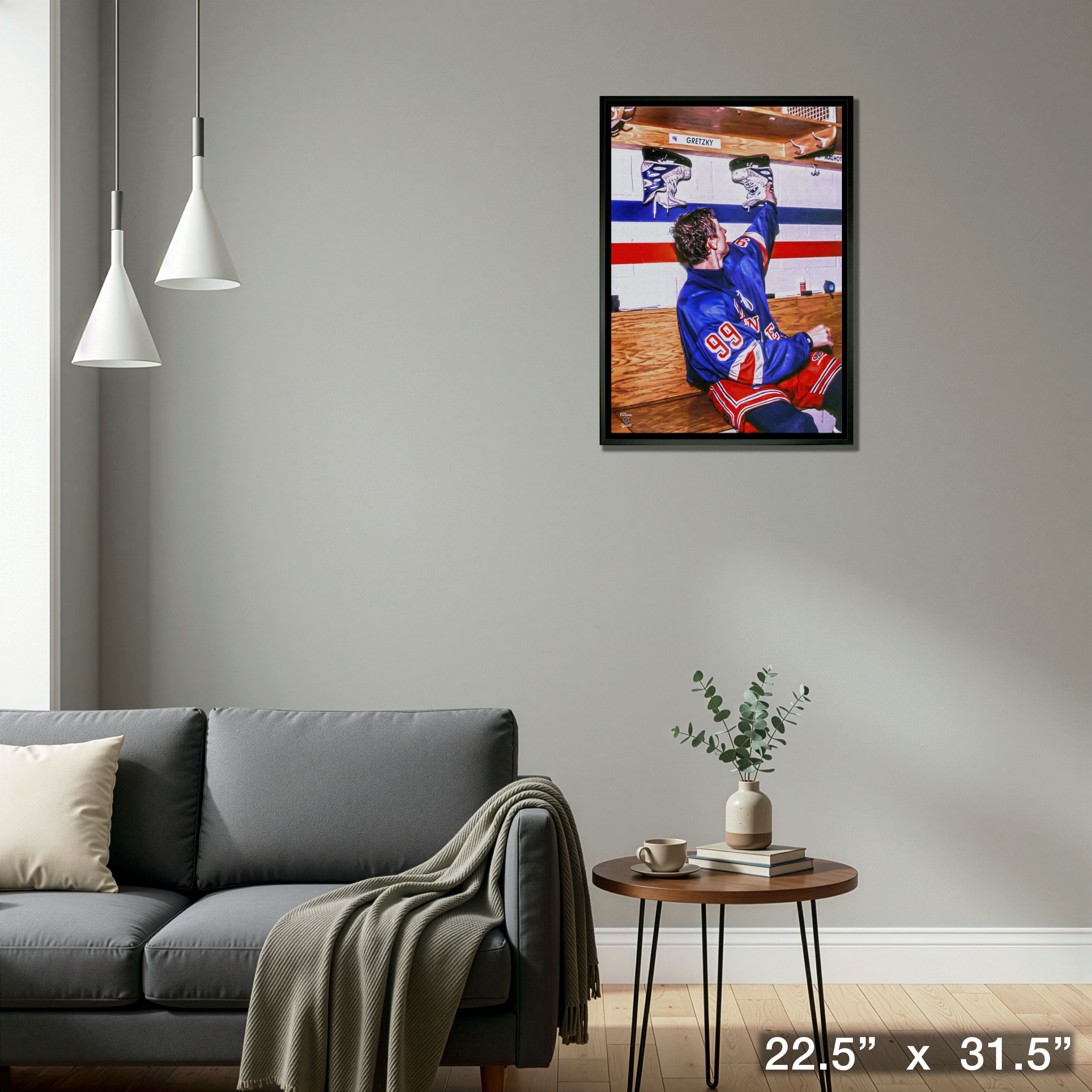 Wayne Gretzky 20" x 29" Framed Canvas Oilers Hanging up Skates-V 22.5" x 31.5"