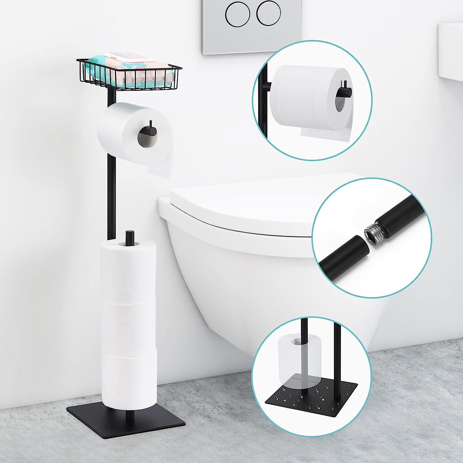 Black Freestanding Toilet Paper Holder Stand with Basket