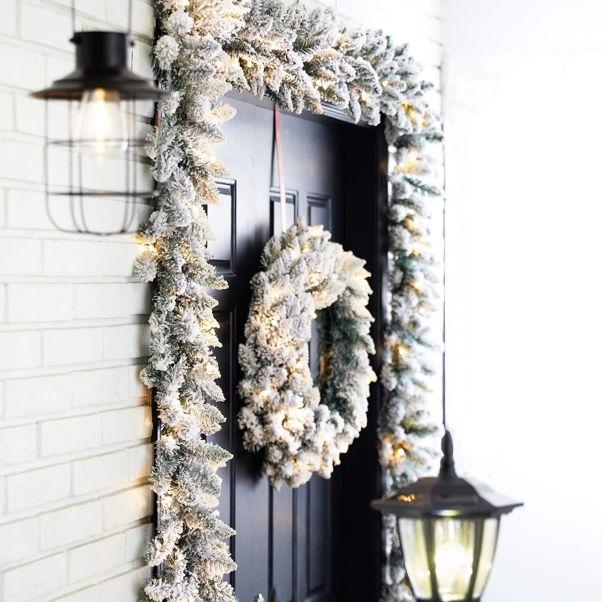 Glitzhome® Pre-Lit Flocked Christmas Wreath & Garland Set with Timer, 3 Functions