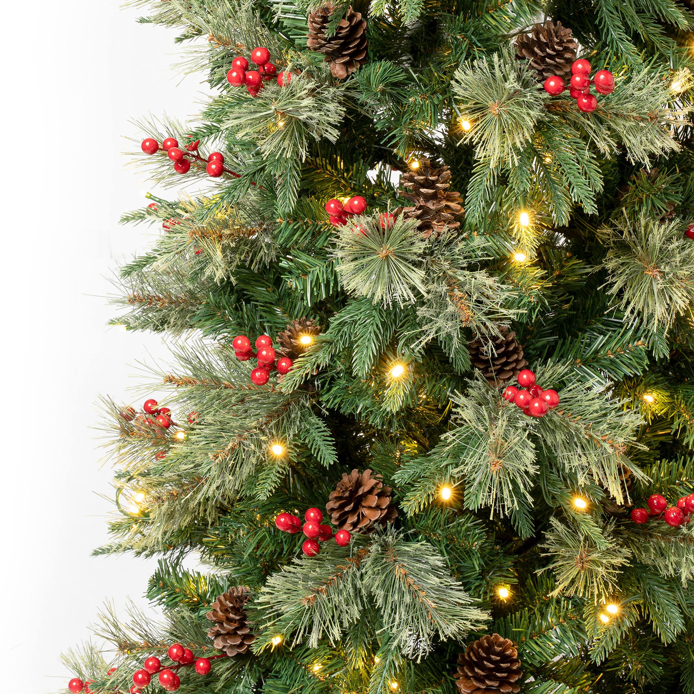 7.5ft. Pre-Lit Feel-Real® Virginia Pine Slim Artificial Christmas Tree with Berries & Pinecones, Warm White LED Lights