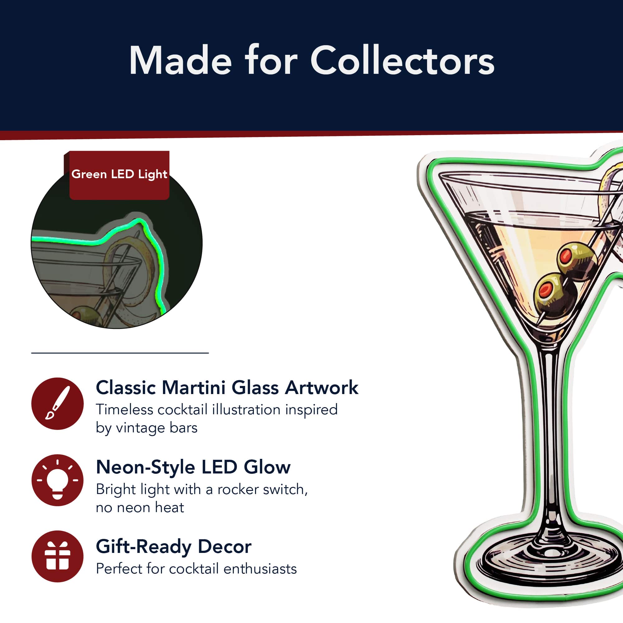 American Art Decor 12" x 20" Martini Glass LED Plaque Sign
