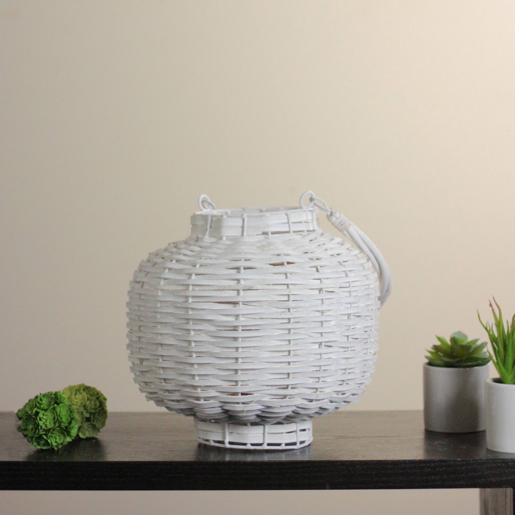 17.5" Beach Day Woven Wood Pillar Candle Lantern, White