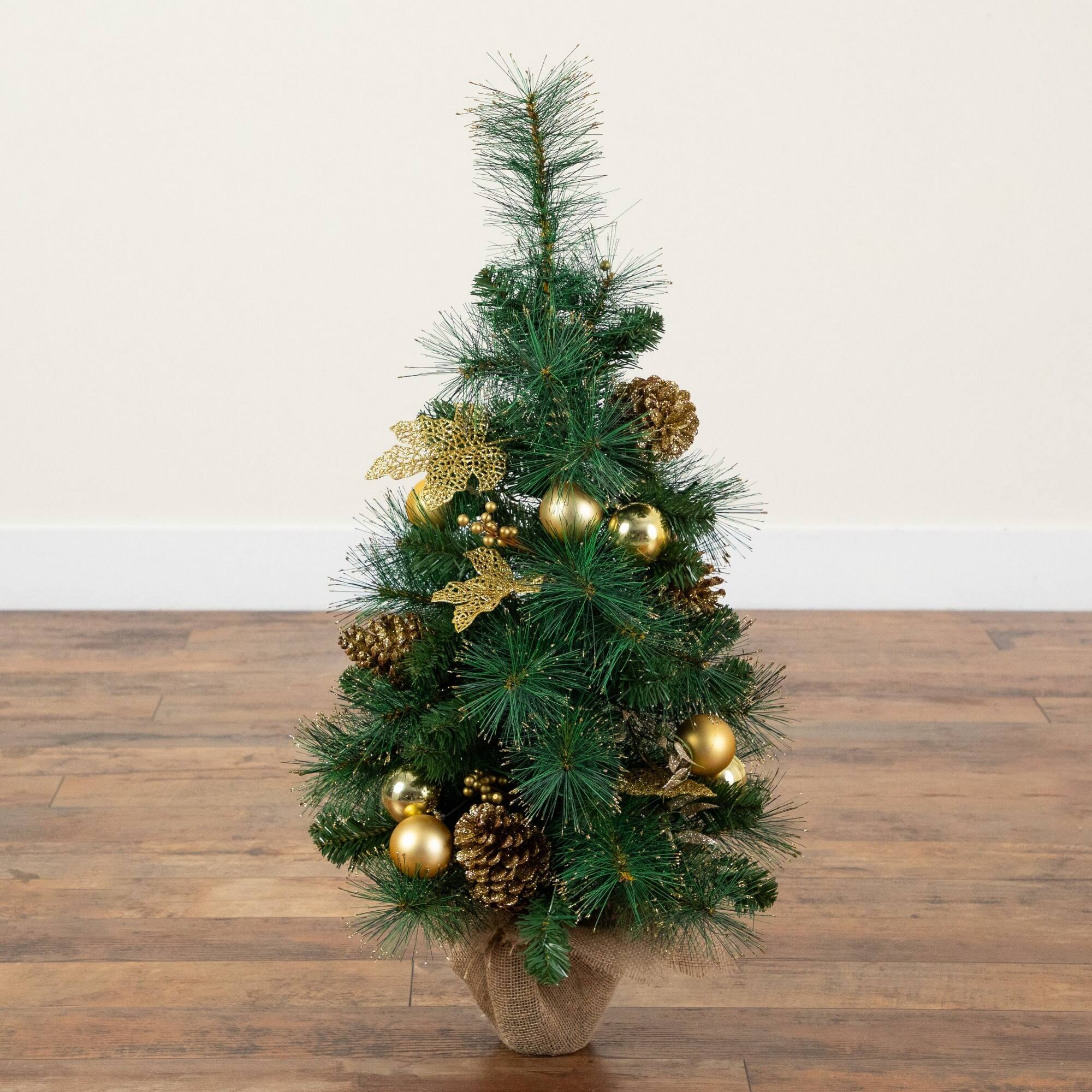 Nearly Natural 3ft. Pre-Lit Artificial Christmas Tree with Gold Ornaments & Pinecones in Jute Wrapped Base, Warm Lights