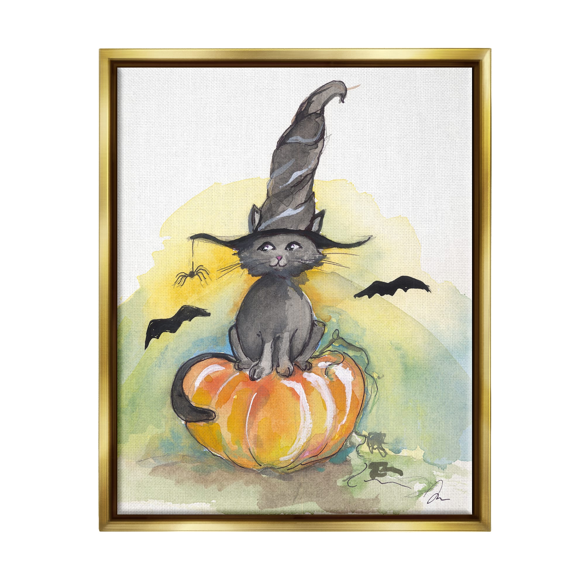 Stupell Industries Witch Cat on Pumpkin Framed Floater Canvas Wall Art