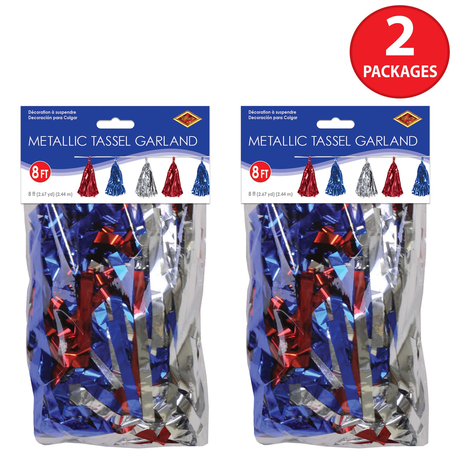 Beistle 8ft. Red, Silver & Blue Metallic Tassel Garlands, 2ct.