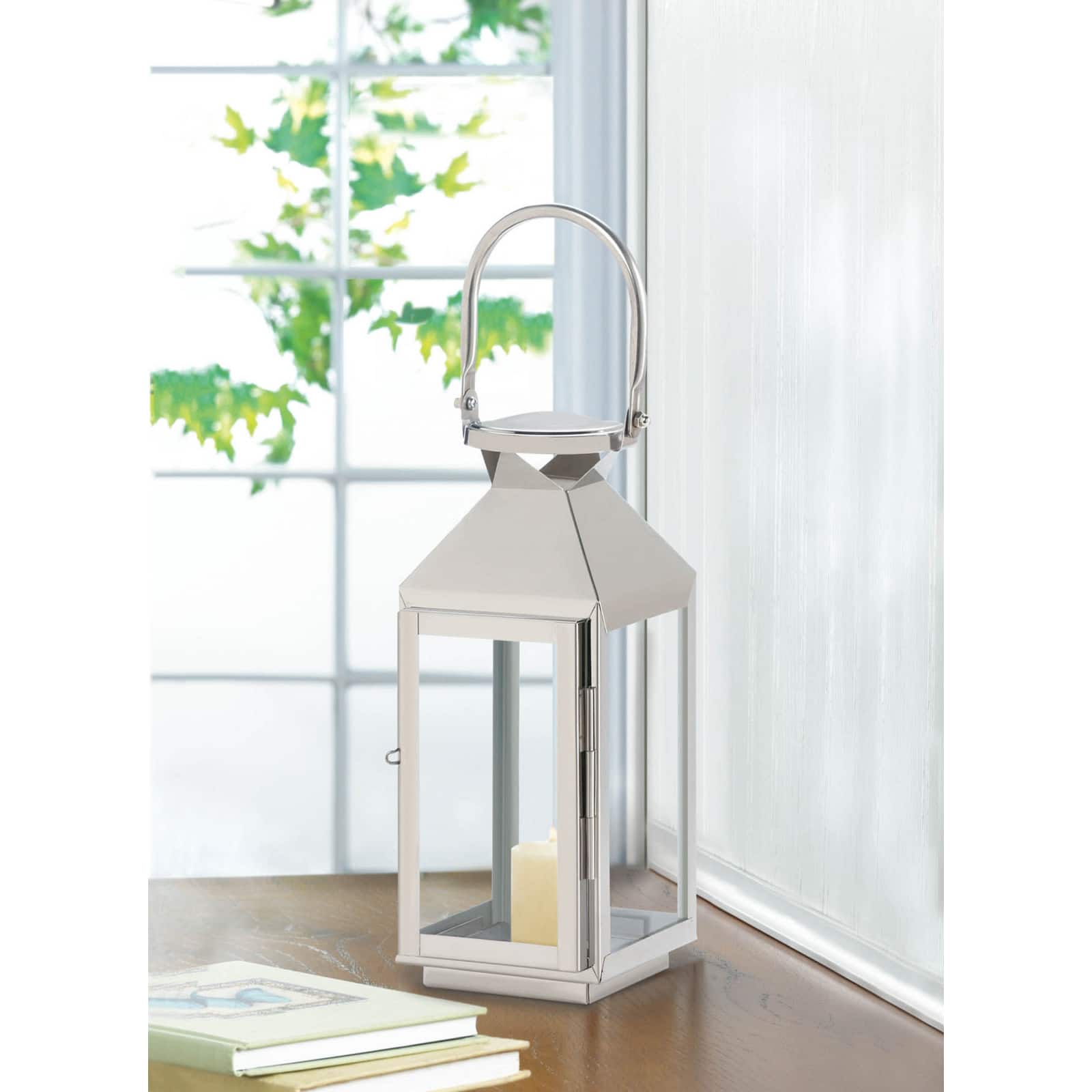 10" Sleek Stainless Steel Manhattan Candle Lantern with Handle