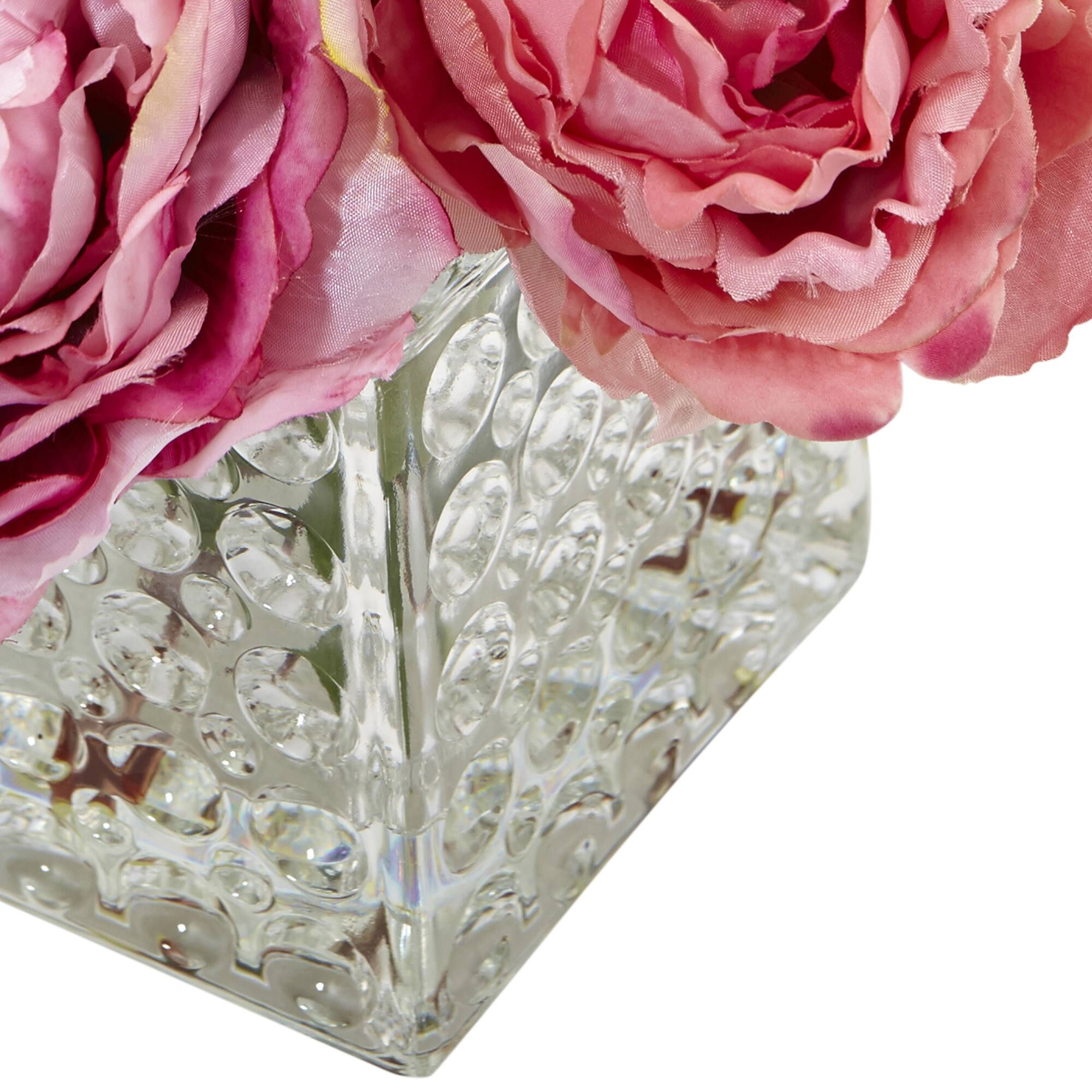8.5" Pink Peony In Square Textured Glass Vase