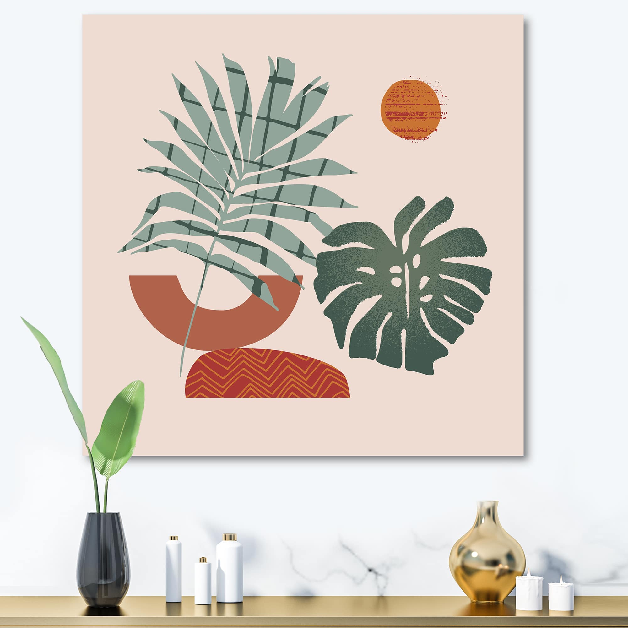 Designart - Moon & Sun Shapes In Retro Green & Terracotta Tone