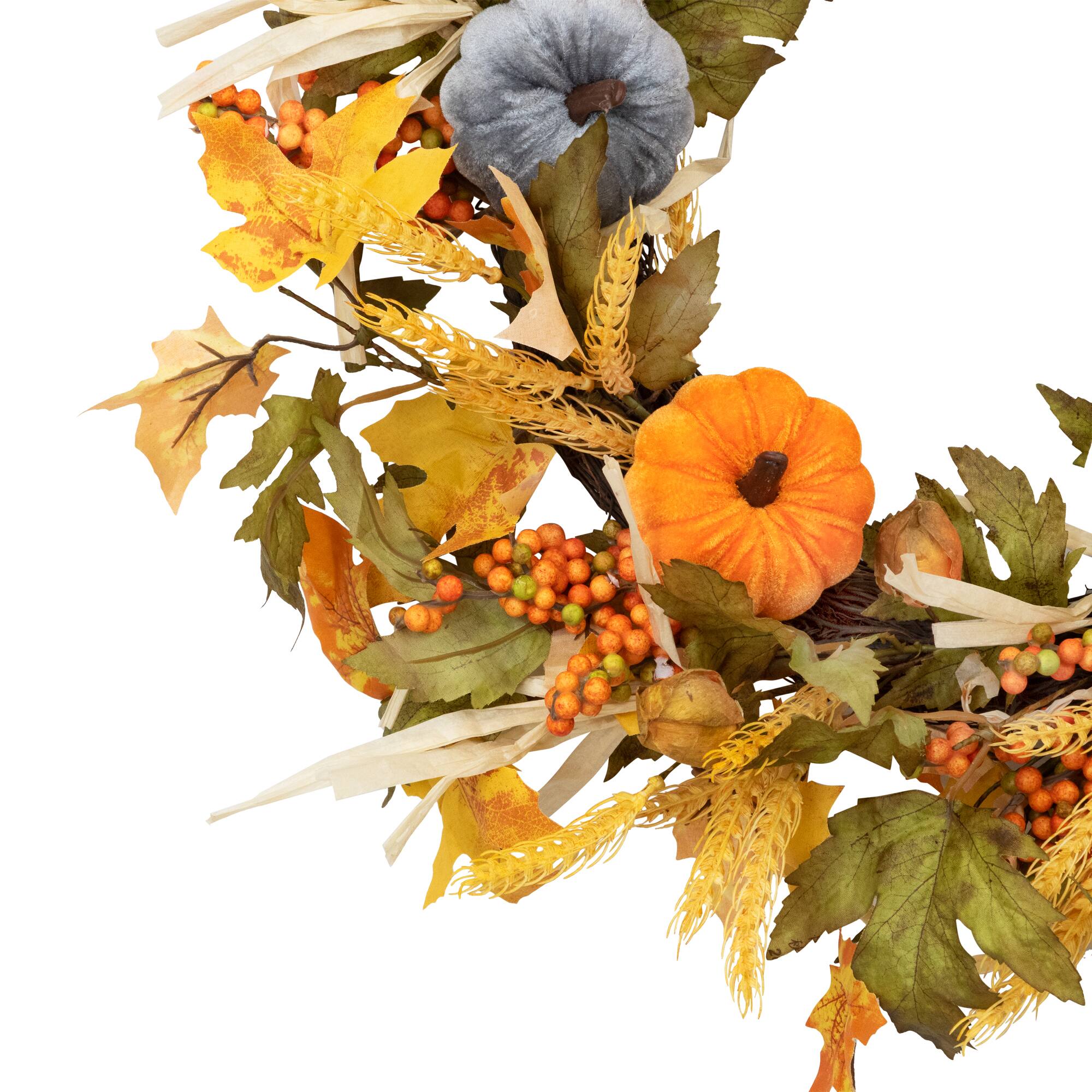 24" Velvet Pumpkins & Wheat Fall Harvest Wreath