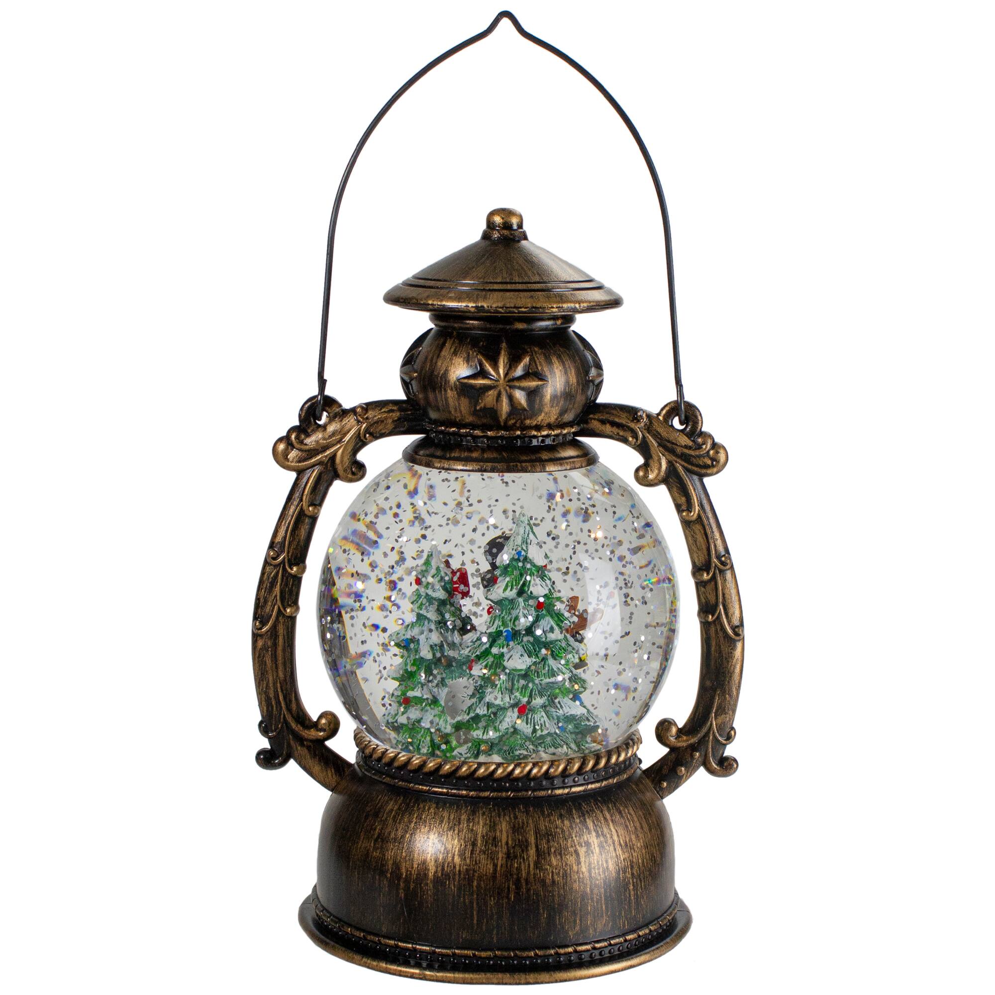 8" Black with Brushed Gold LED Snowman & Christmas Trees Snow Globe Lantern