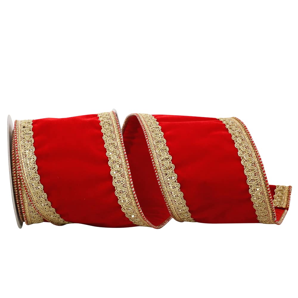 JAM Paper 4" x 5yd. Red & Gold Royalty Trim Wired Velvet Ribbon