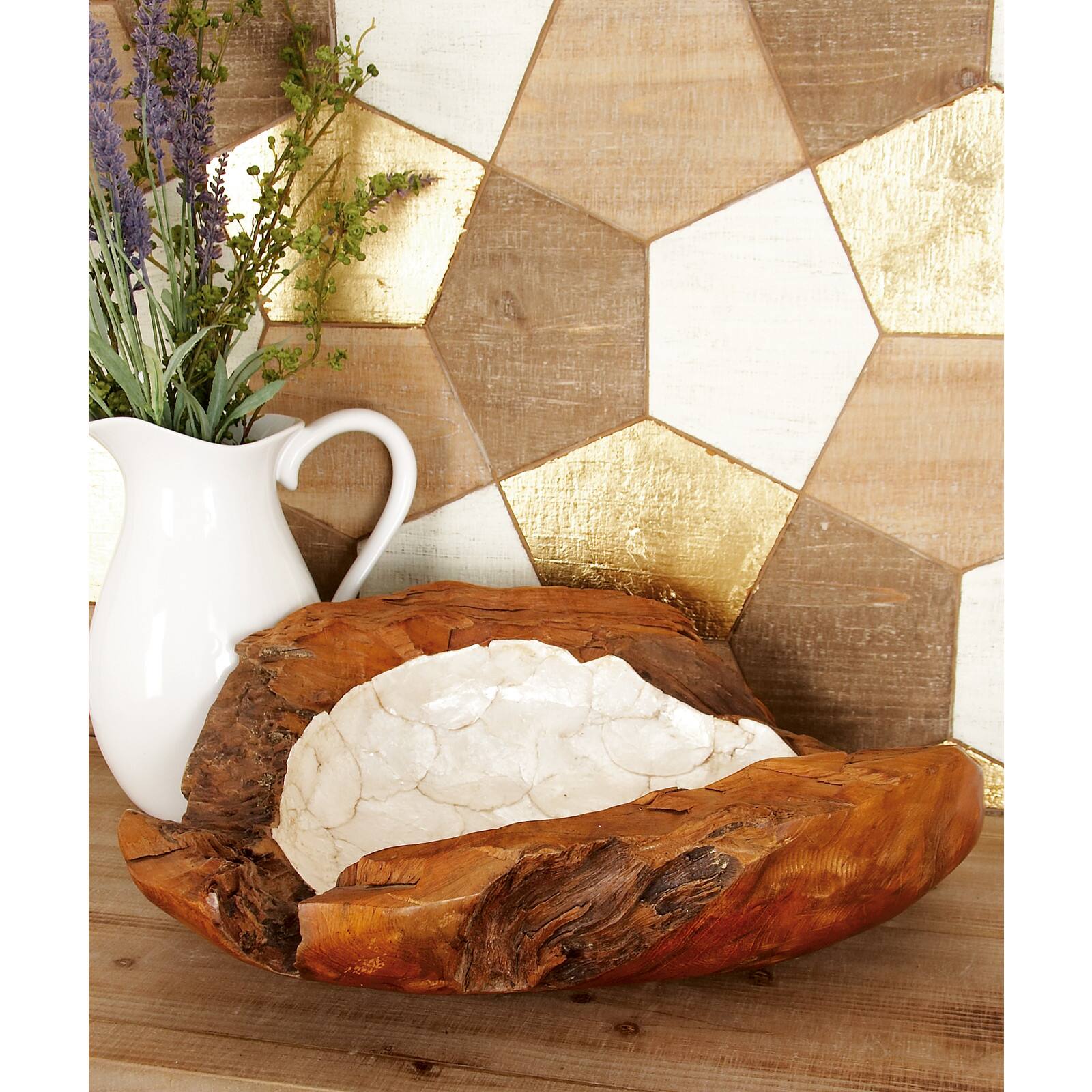 18" Brown Wood & Natural Shell Decorative Bowl