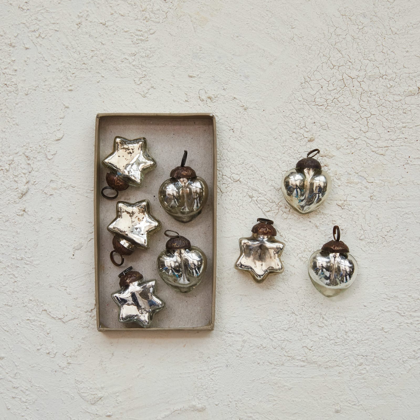 Hello Honey® 8 Pack 1.25" Silver Mercury Glass Heart & Star Ornaments