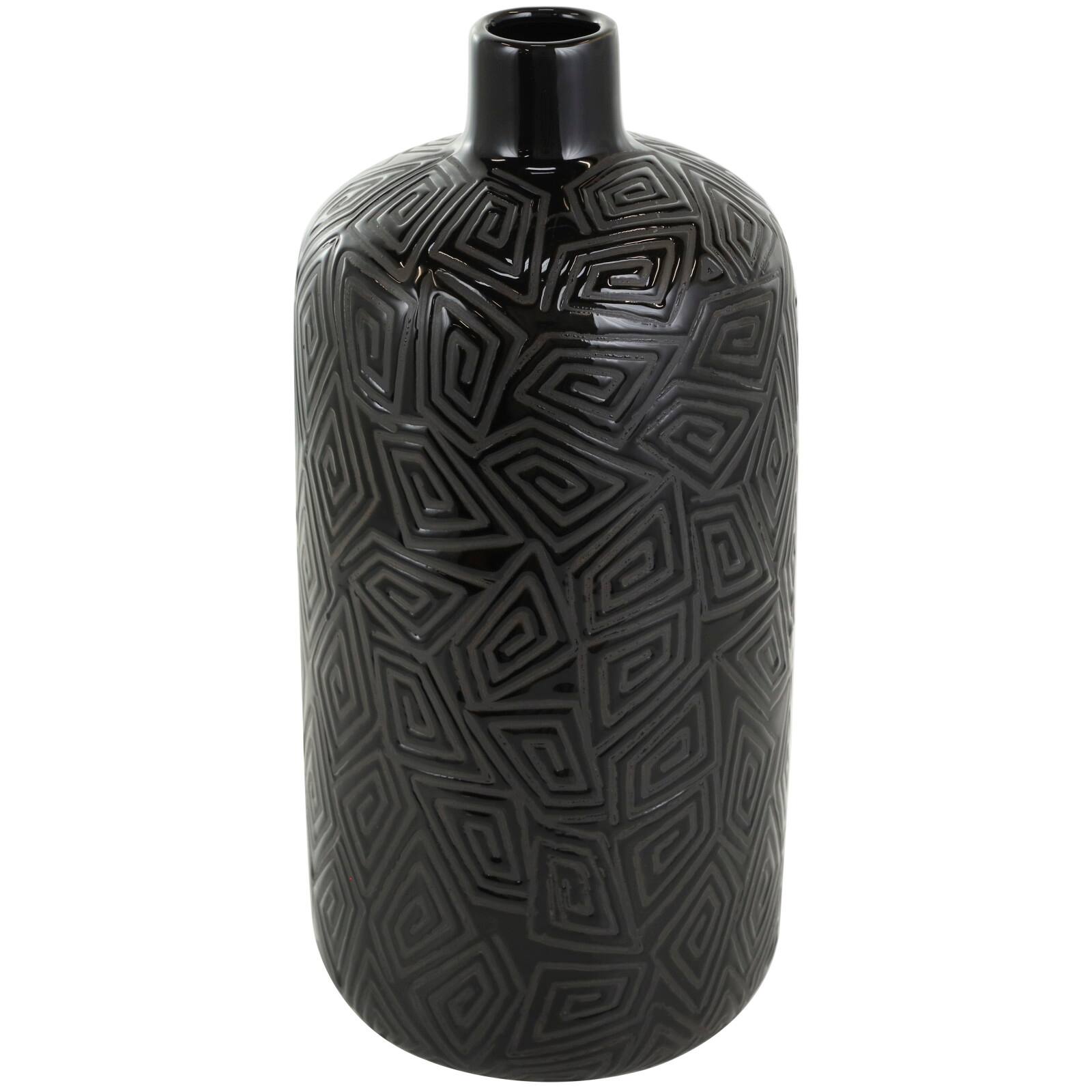 15" Black Geometric Etched Ceramic Vase