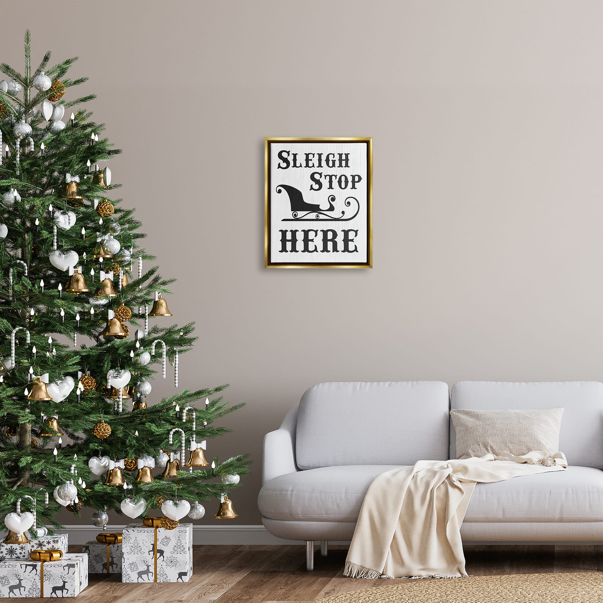 Stupell Industries Sleigh Stop Here Holiday Sled Framed Floater Canvas Wall Art