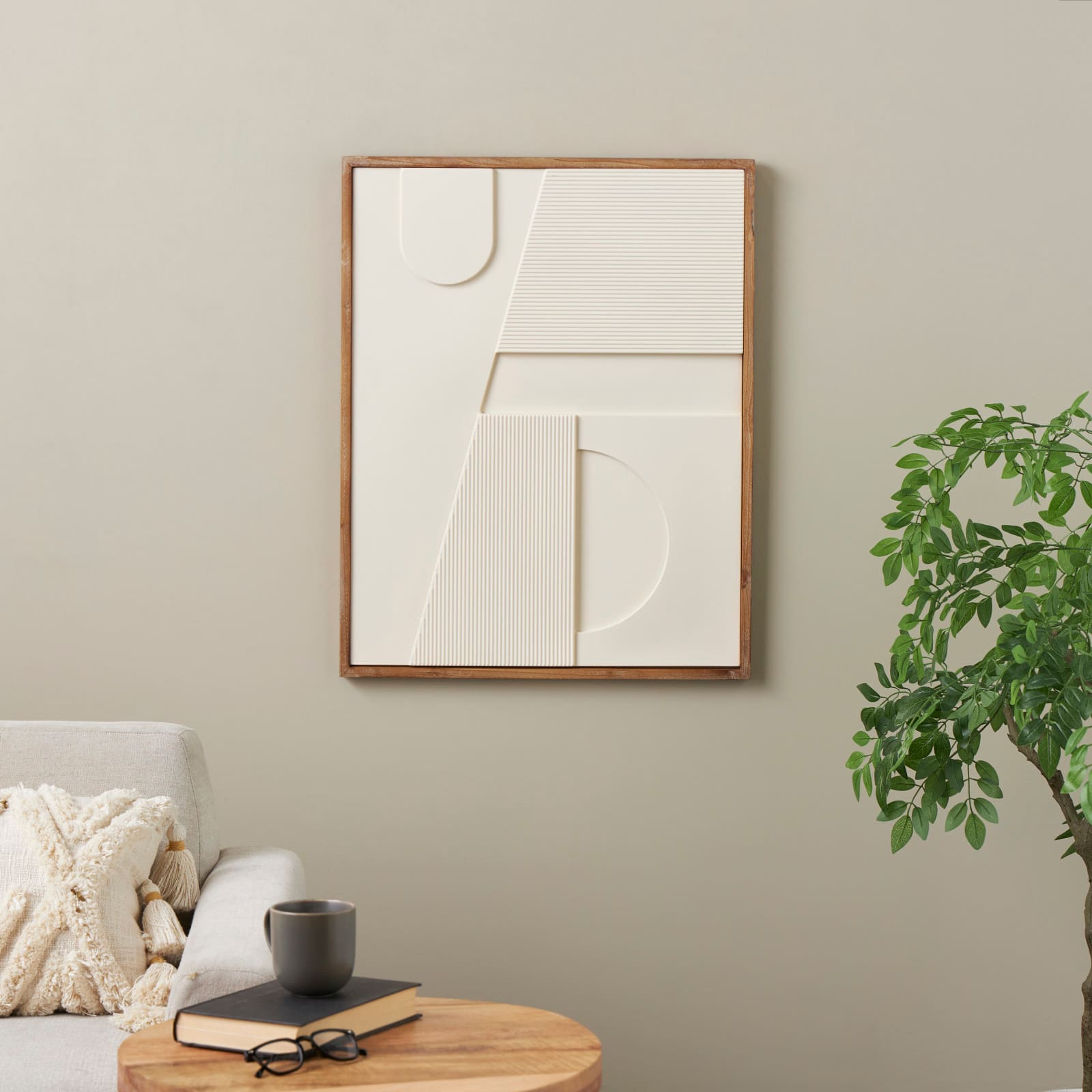 24" x 31" Cream Geometric Dimensional Art Deco Arched Wood Wall Décor with Brown Frame