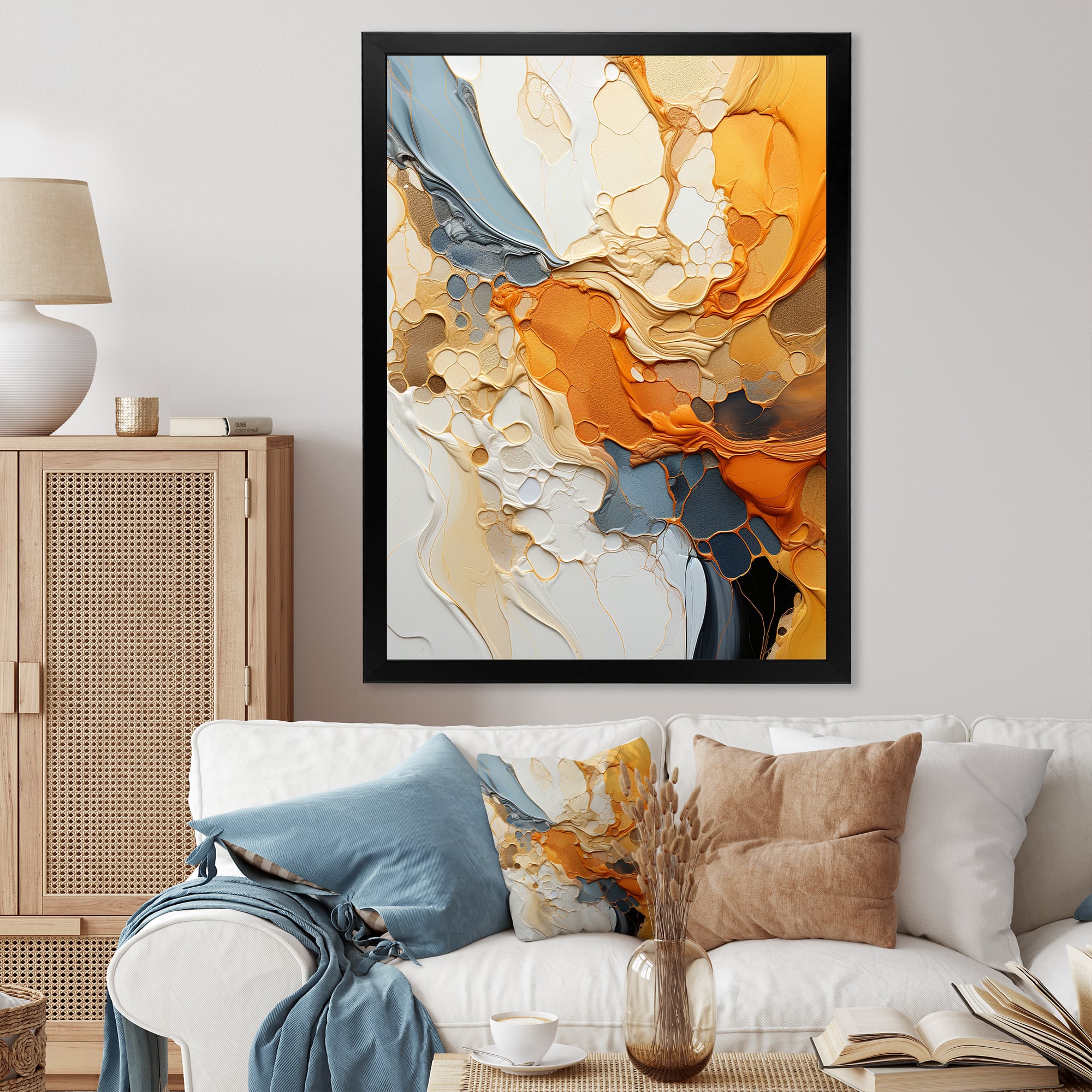 Designart "Orange Blue Line Art Abstract Expressionism" Line Art Framed Wall Decor