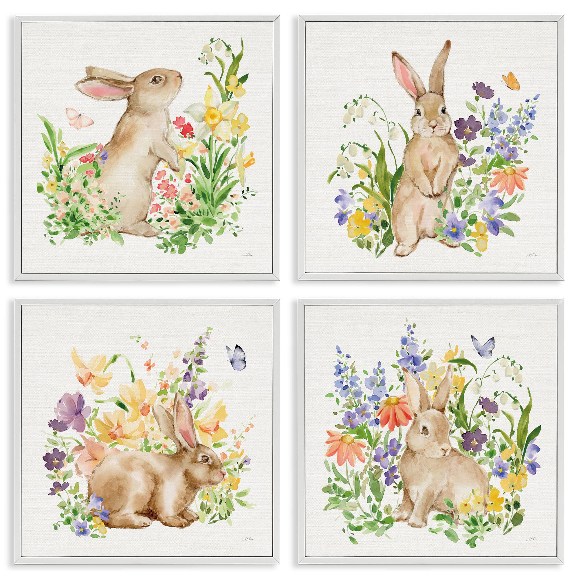 Stupell Industries Celebrate Spring Floral Bunnies Framed Giclée Wall Art Set