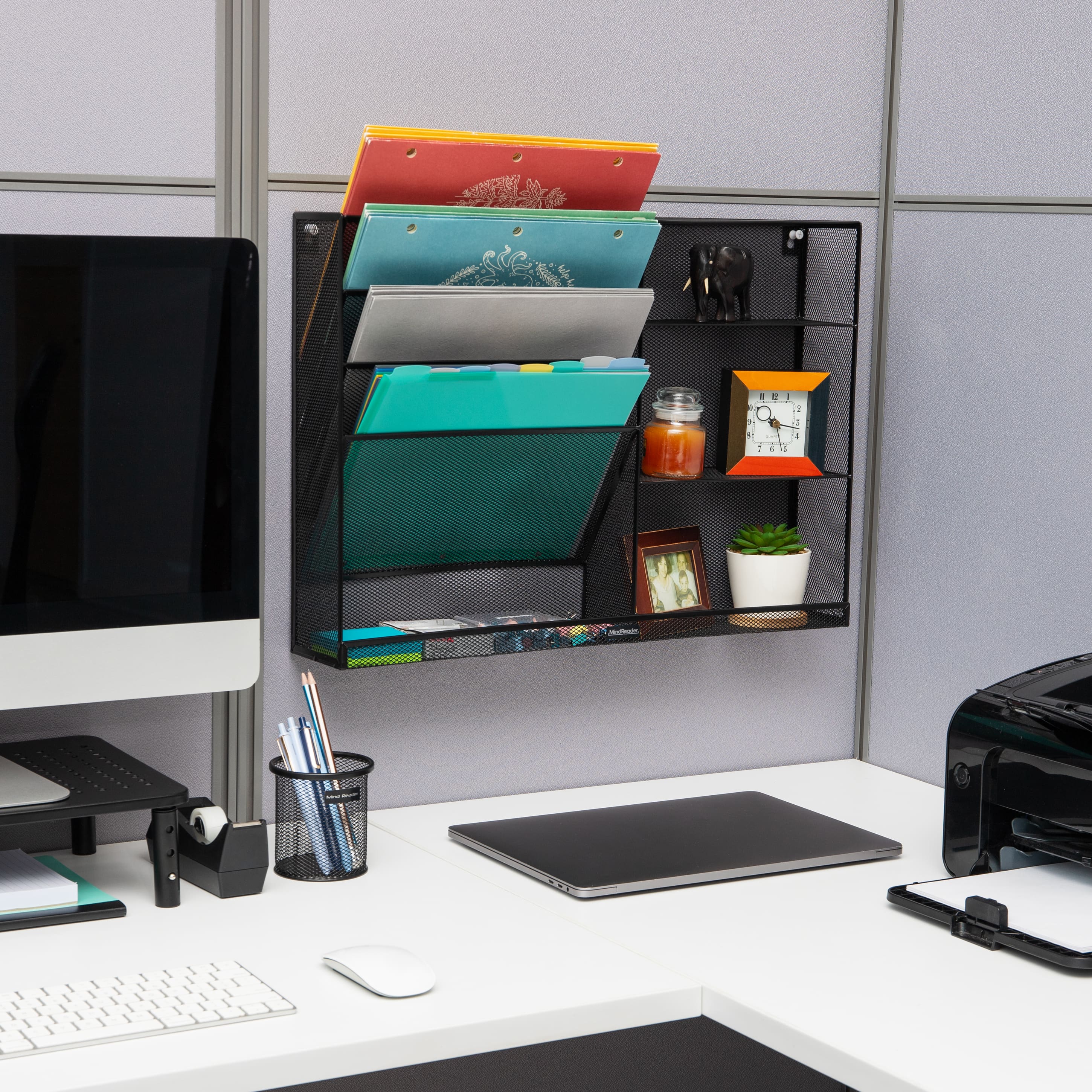 Mind Reader 4-Tier Vertical File Storage and Shelves, Desktop Organizer, Wall Mount, Office, Metal Mesh, 22.5"L x 4"W x 16"H, Black