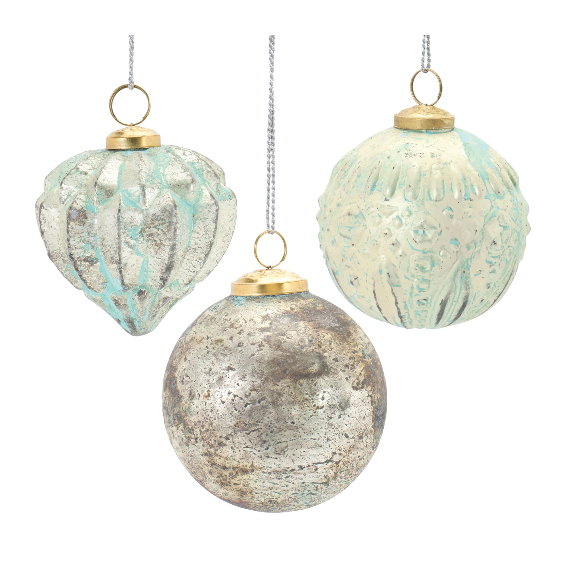 Blue Green Distressed Mercury Glass Ornament Set