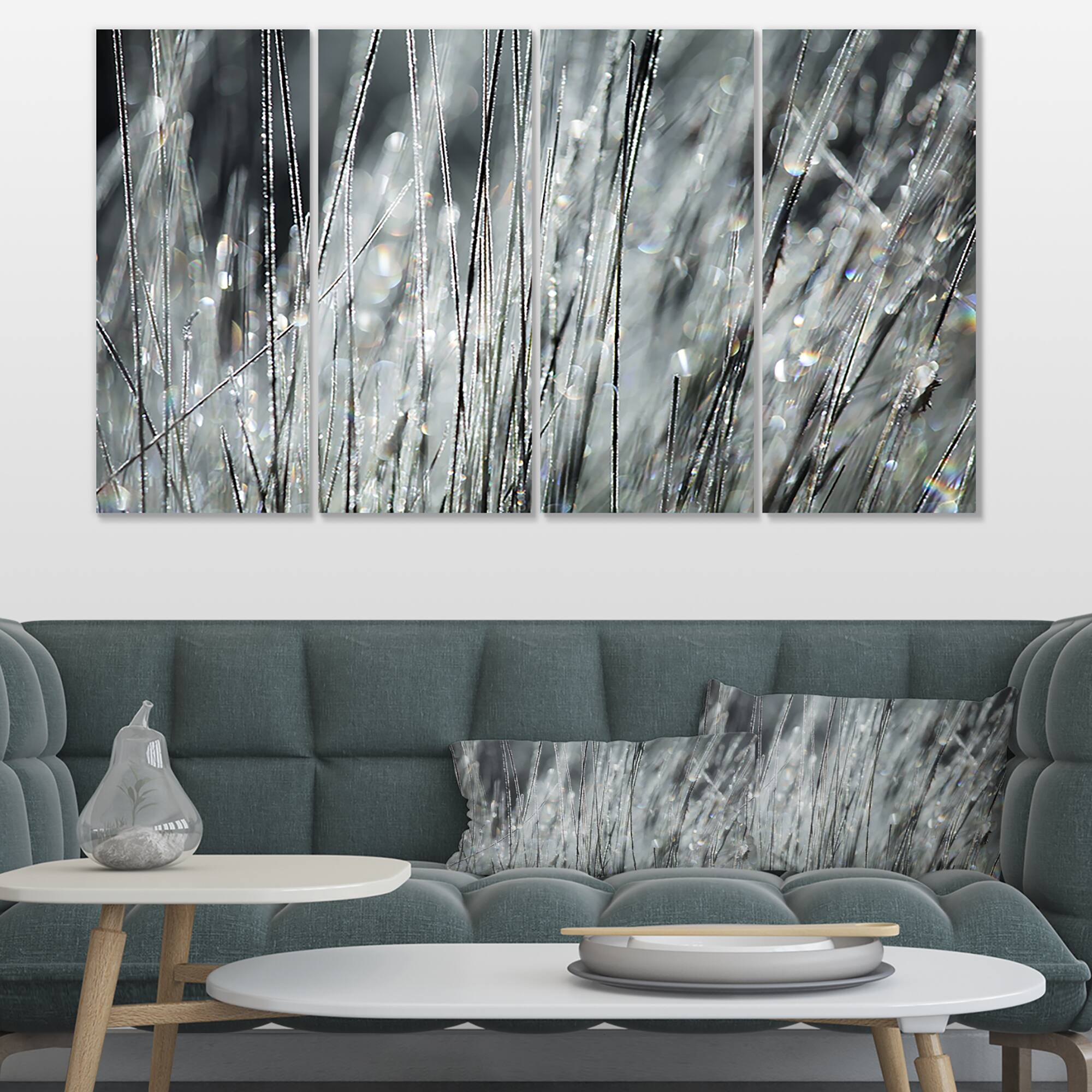 Designart - Raindrops on Grass Black White - Oversized Landscape Canvas Art