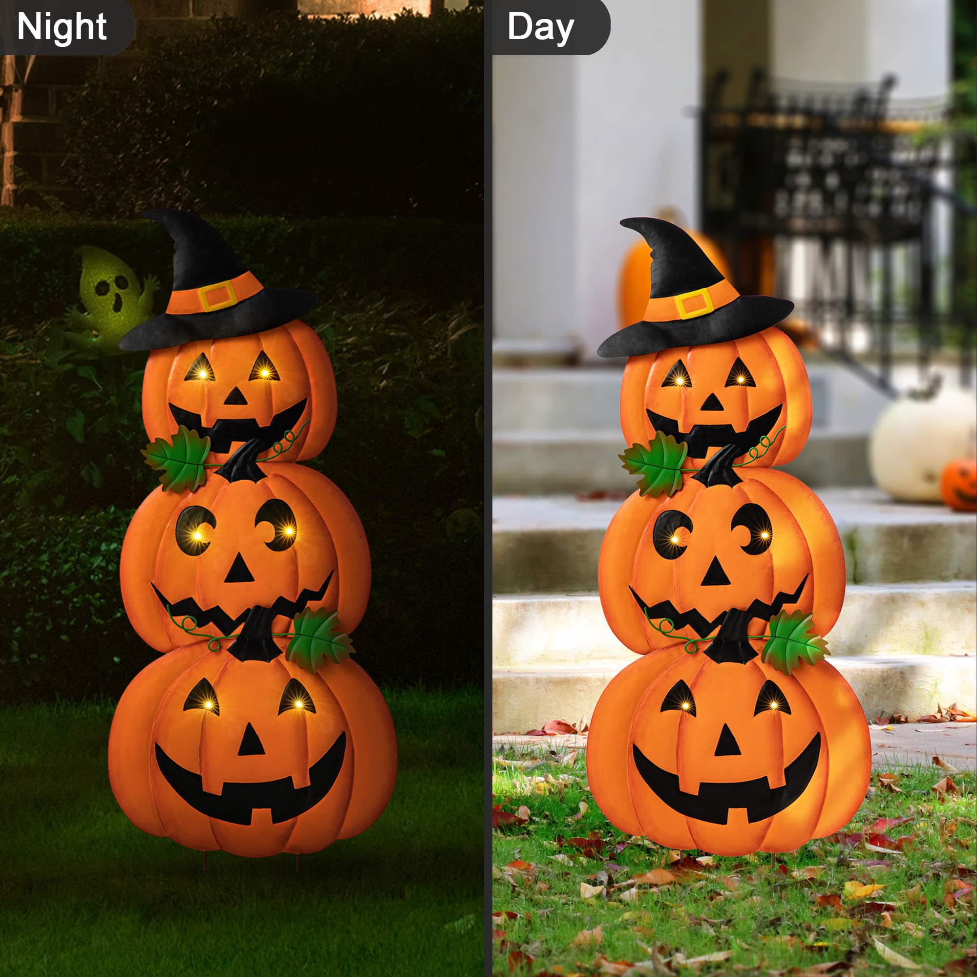 Glitzhome® 3.3ft. Halloween Lighted Metal Stacked Jack-O-Lantern Yard Stake Set with Timer