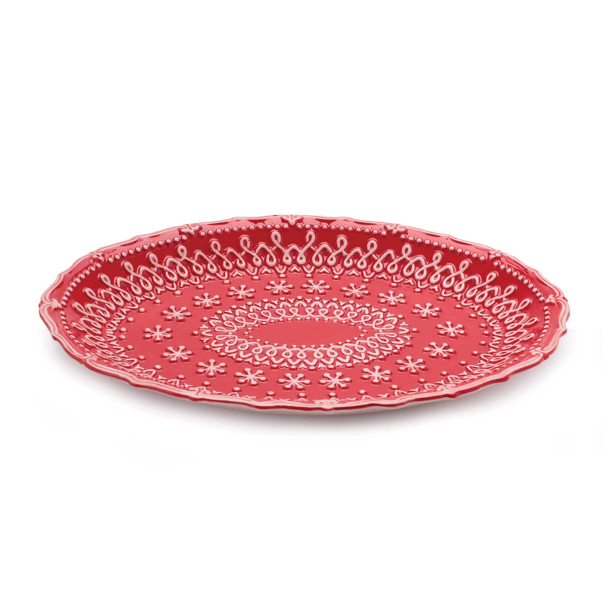 Melrose 12" Red & White Embossed Ceramic Snowflake Platters, 2ct.