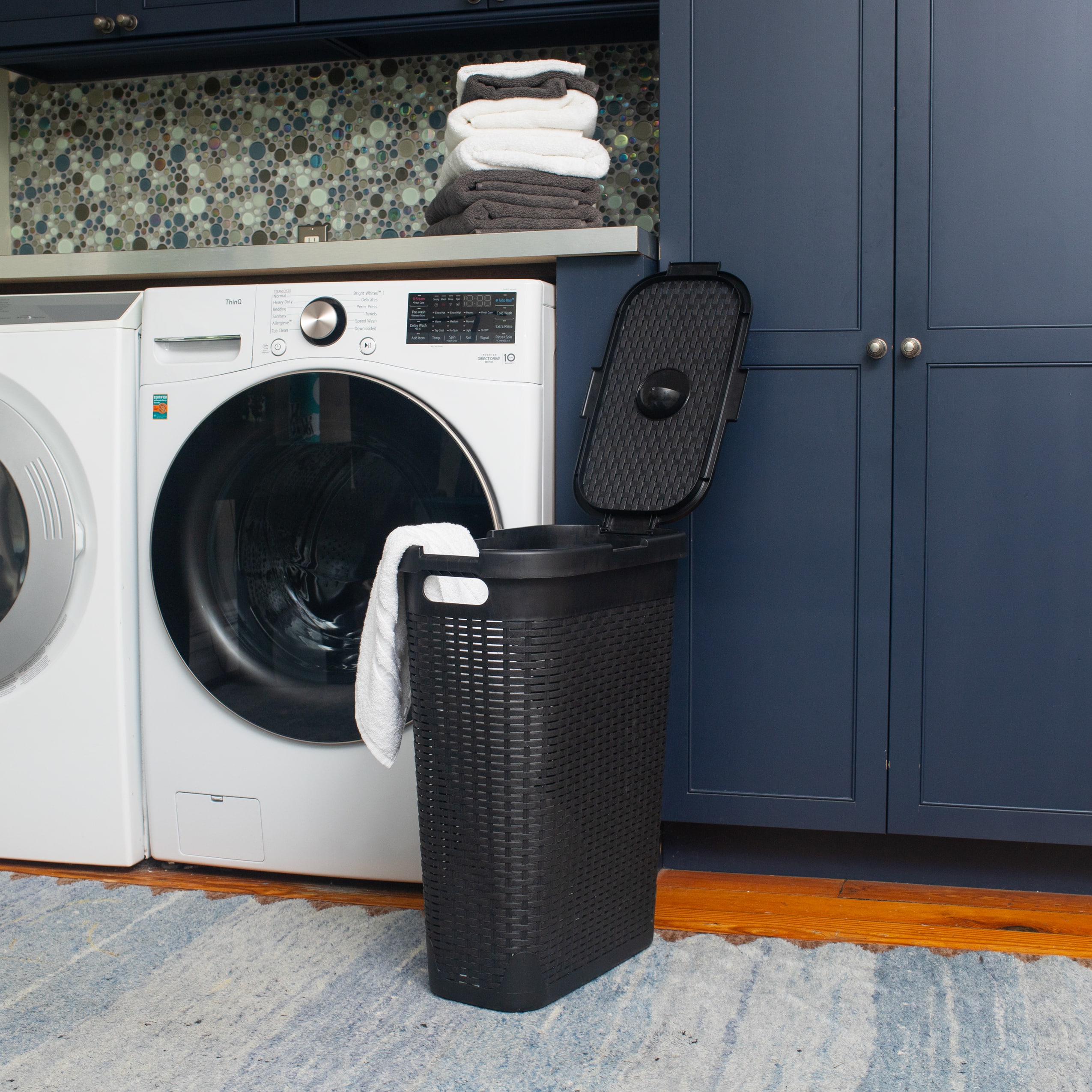 Mind Reader 40L Hamper Laundry Basket with Cutout Handles, 3-Pack, Black