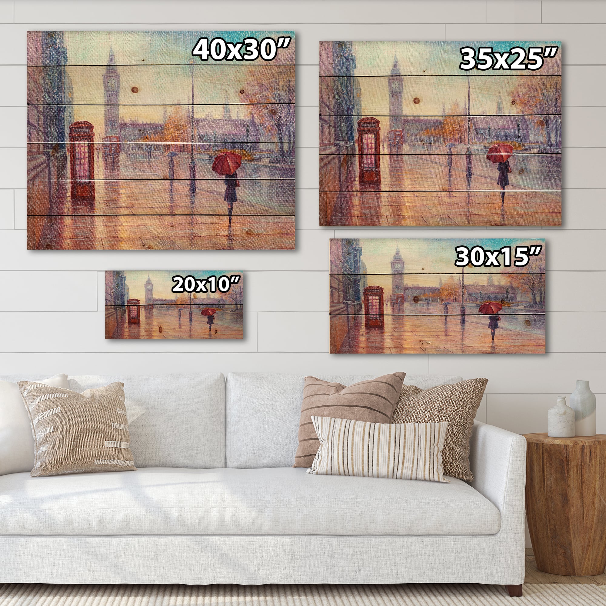 Designart - Big Ben and Woman With Red Umbrella In London - French Country Print on Natural Pine Wood