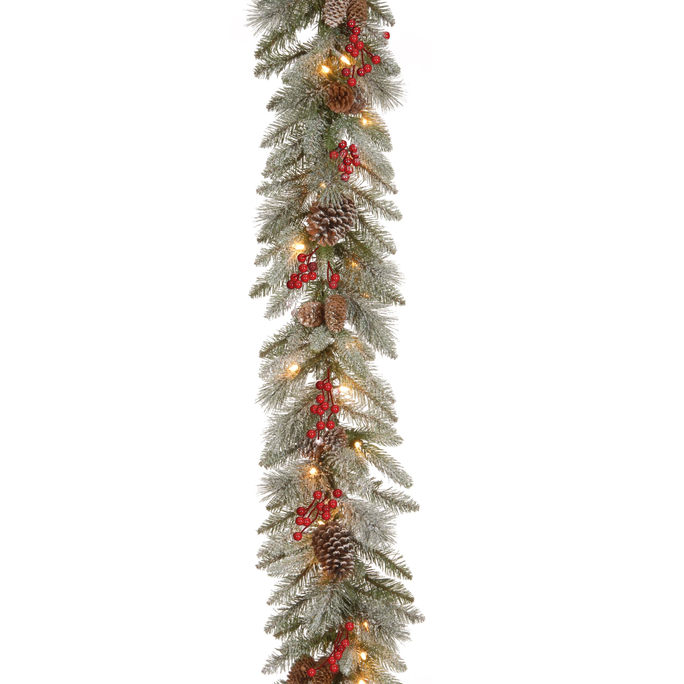 9'x12" Pre-lit Feel Real® Snowy Bristle Berry Artificial Christmas Garland with Red Berries, Mixed Cones & Clear Lights