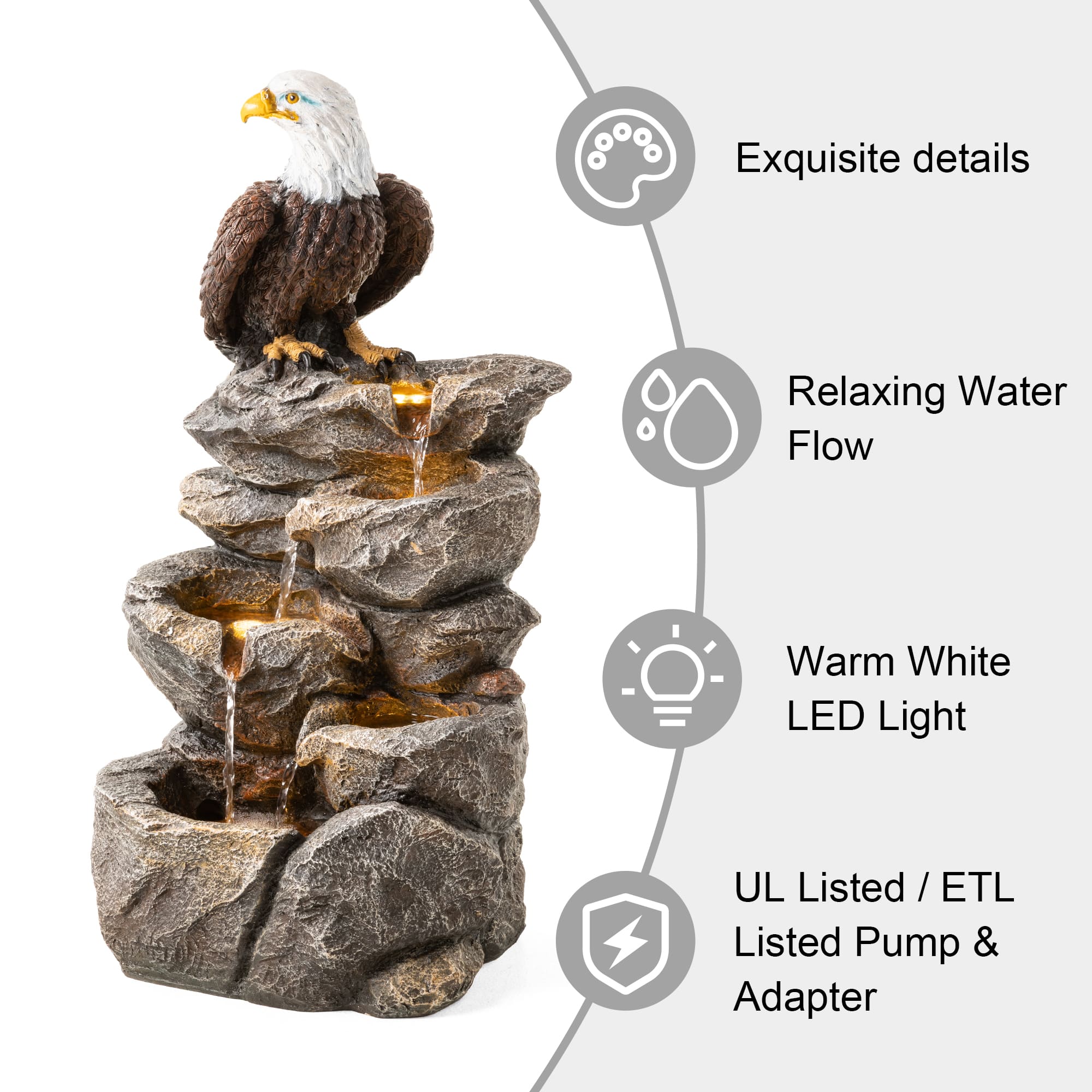 Glitzhome® 25.25" LED 4-Tier Bald Eagle Outdoor Fountain