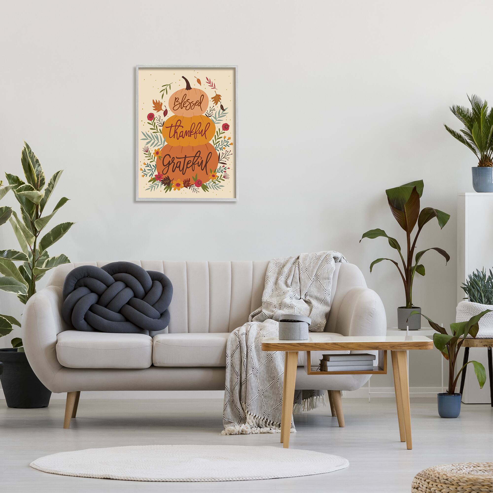 Stupell Industries Blessed Thankful Grateful Sentiments Stacked Orange Pumpkins in Gray Frame Wall Art