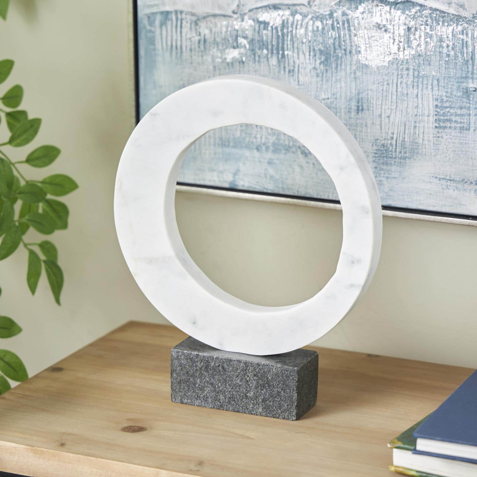 12.25" White Marble Geometric Open Ring Sculpture with Black Block Base