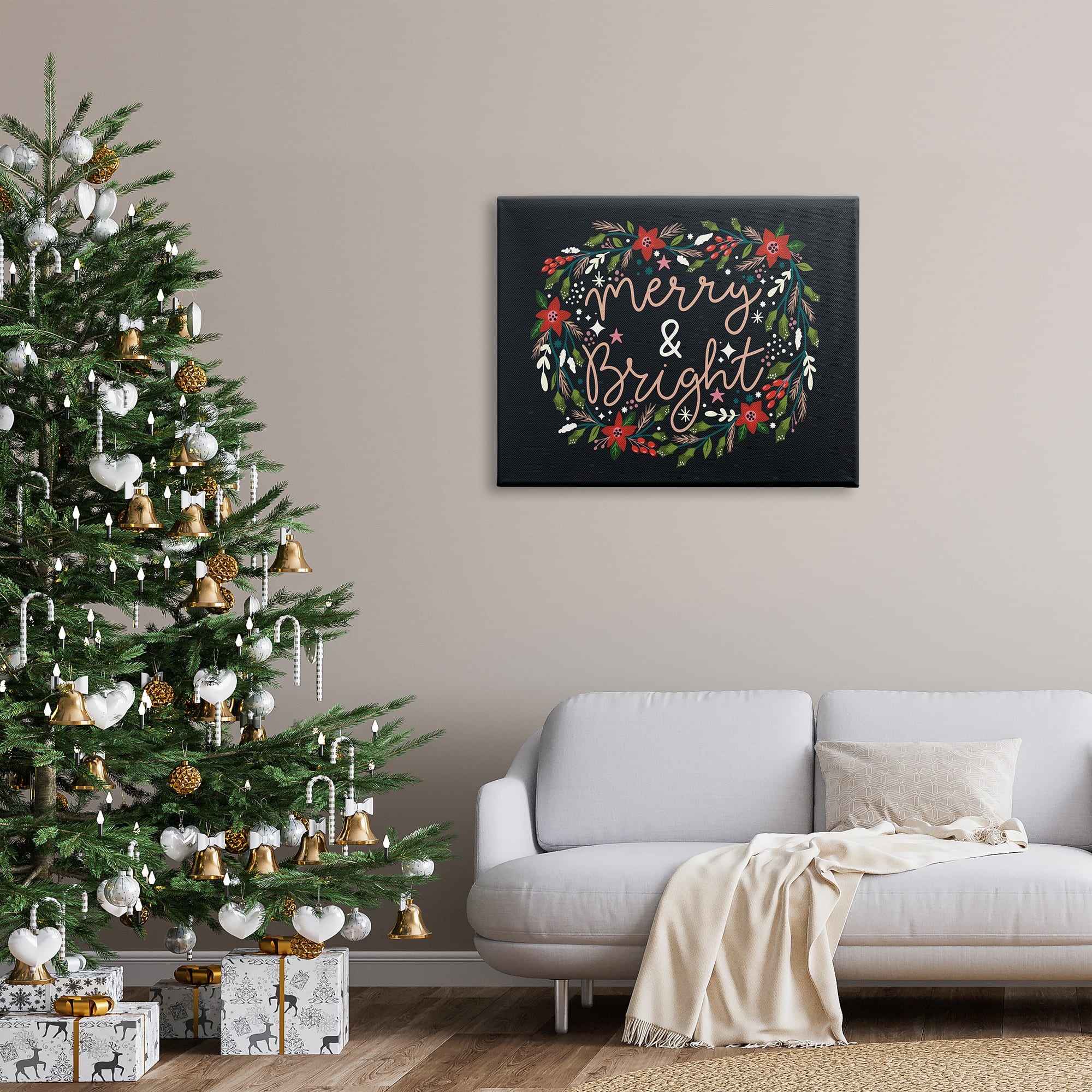 Stupell Industries Merry & Bright Poinsettia Wreath Canvas Wall Art