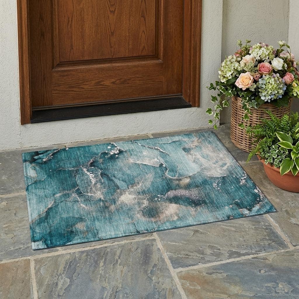 HomeRoots 30" x 20" Teal & White Abstract Washable Indoor/Outdoor Area Rug