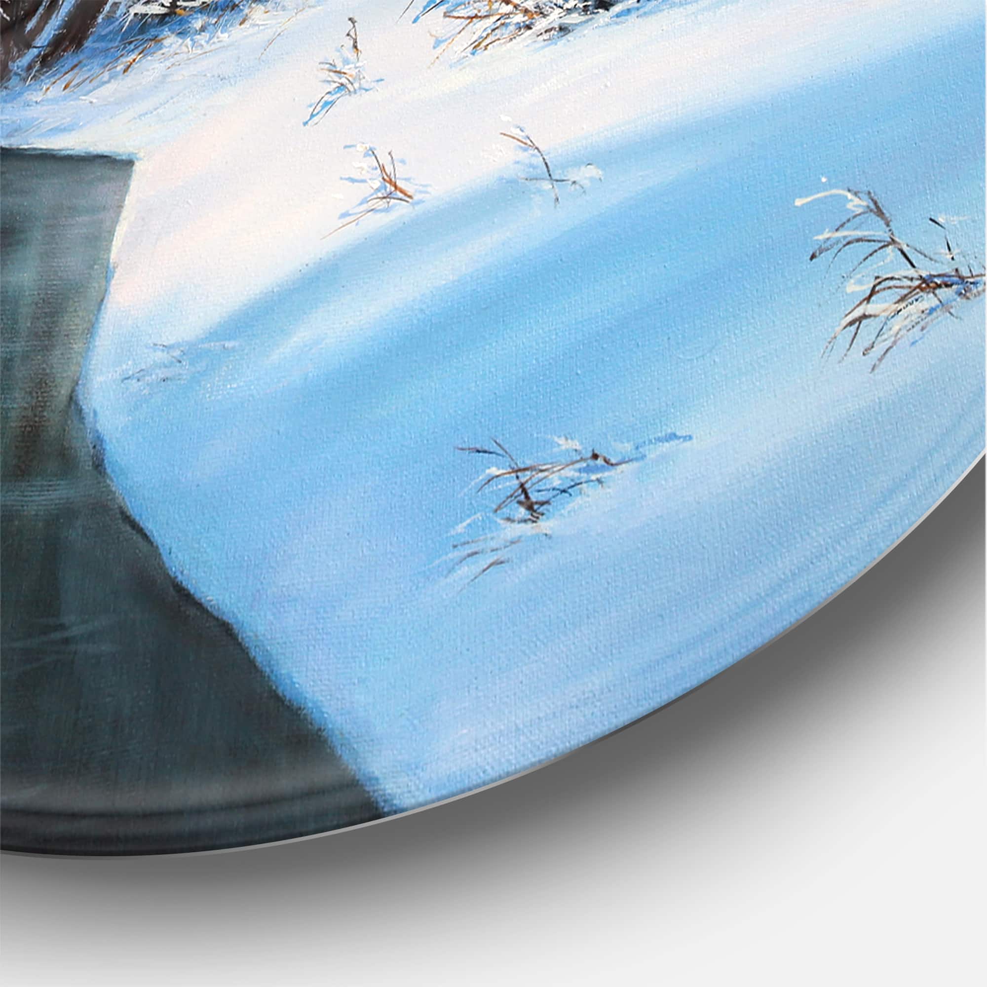 Designart - Christmas Forest With River and Trees III - Traditional Metal Circle Wall Art