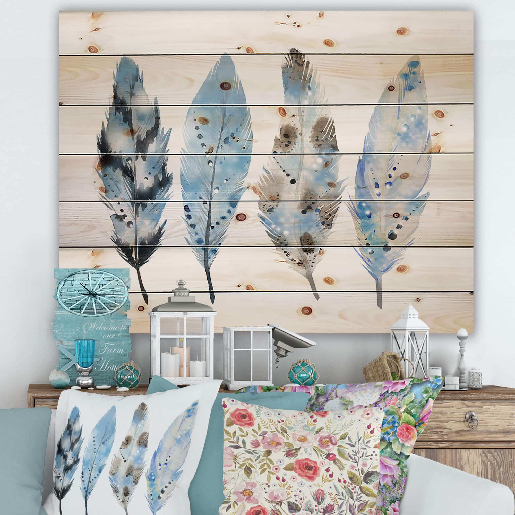Designart - Blue Boho Feathers I - Bohemian & Eclectic Print on Natural Pine Wood