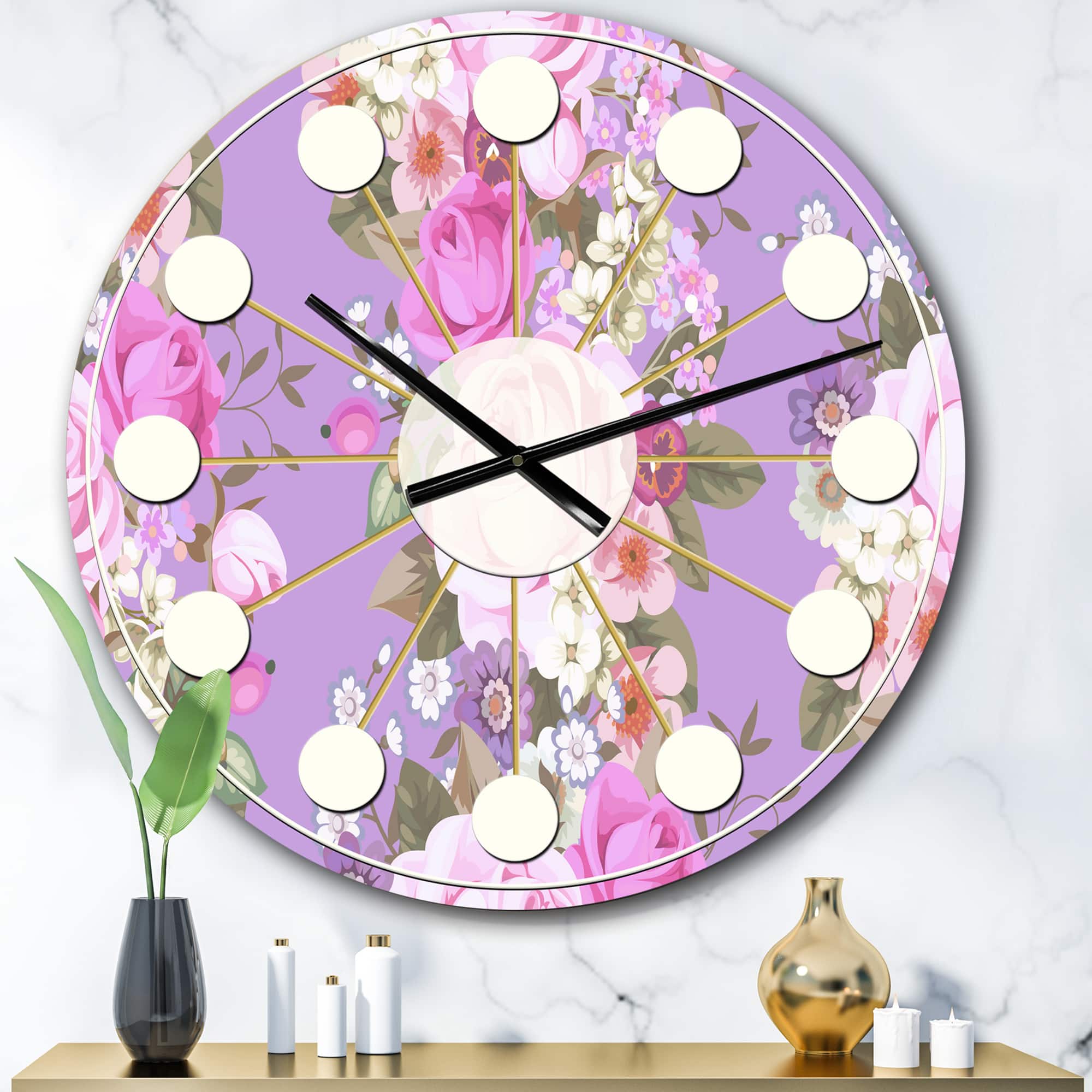 Designart 'Pattern With Country Roses Mid-Century Modern Wall Clock