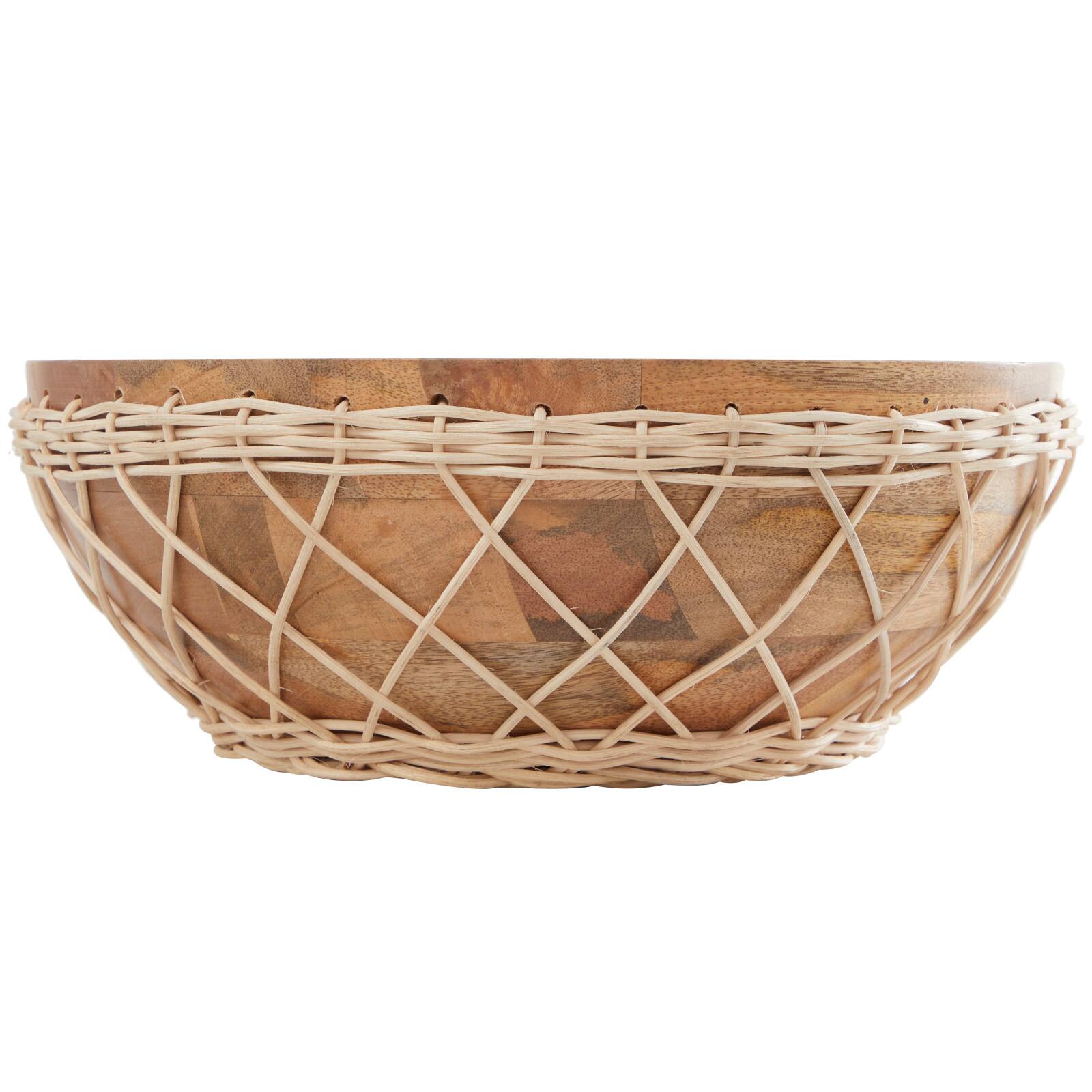 12" Brown Mango Wood Handmade Decorative Bowl with Woven Rope Accents